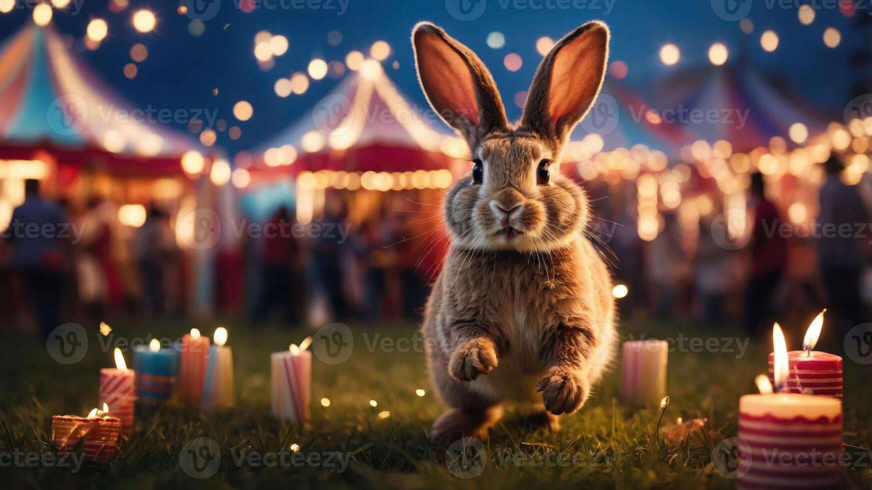 A rabbit hops through a festive fairground, surrounded by candles and colorful lights. photo