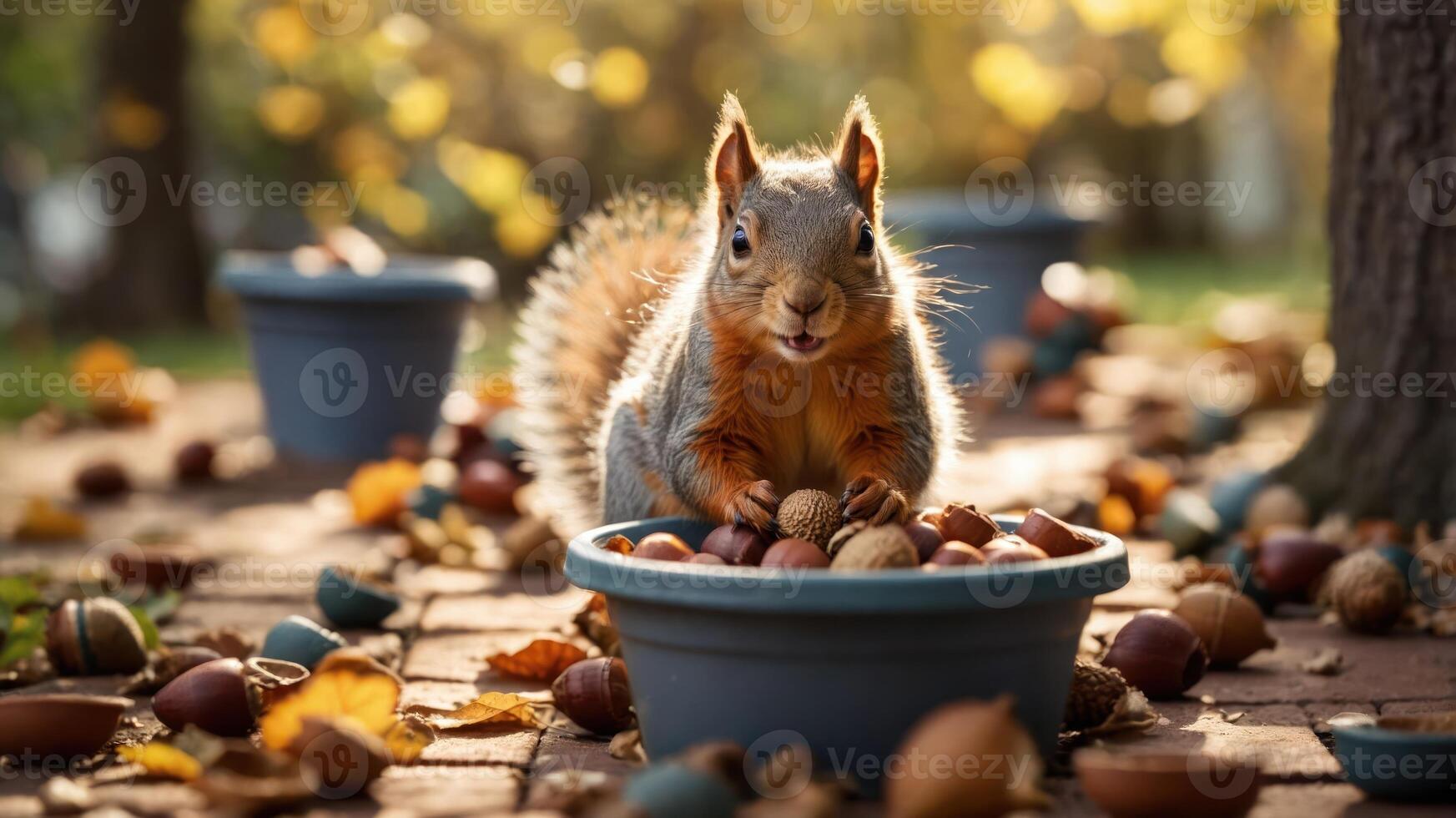 A squirrel surrounded by nuts in pots amidst autumn leaves, capturing a playful wildlife moment. photo