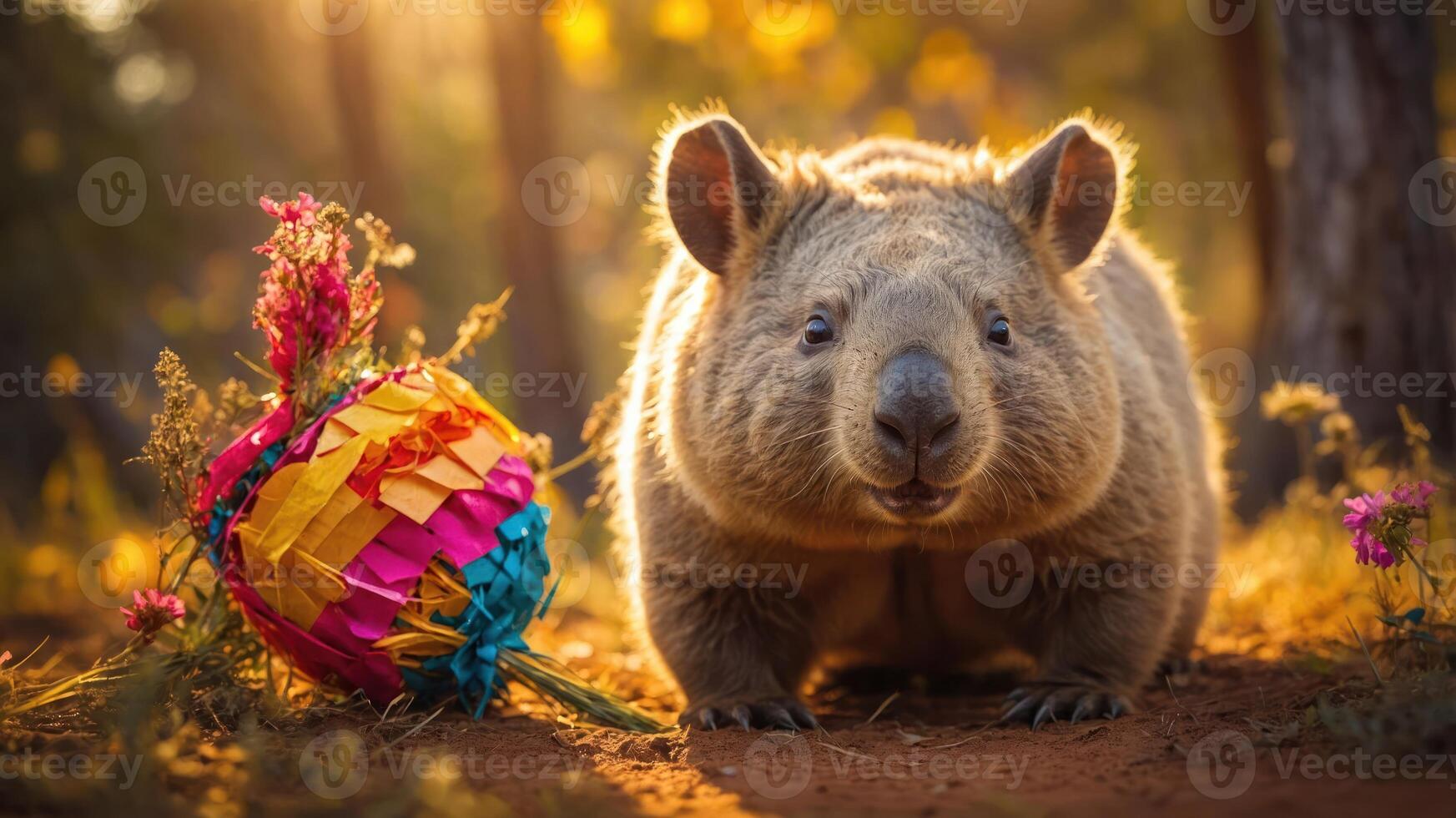 A cute wombat beside a colorful piata in a sunny, natural setting. photo