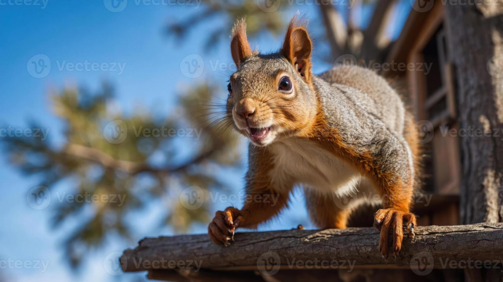 A close-up of a curious squirrel perched on a wooden ledge in a natural setting. photo