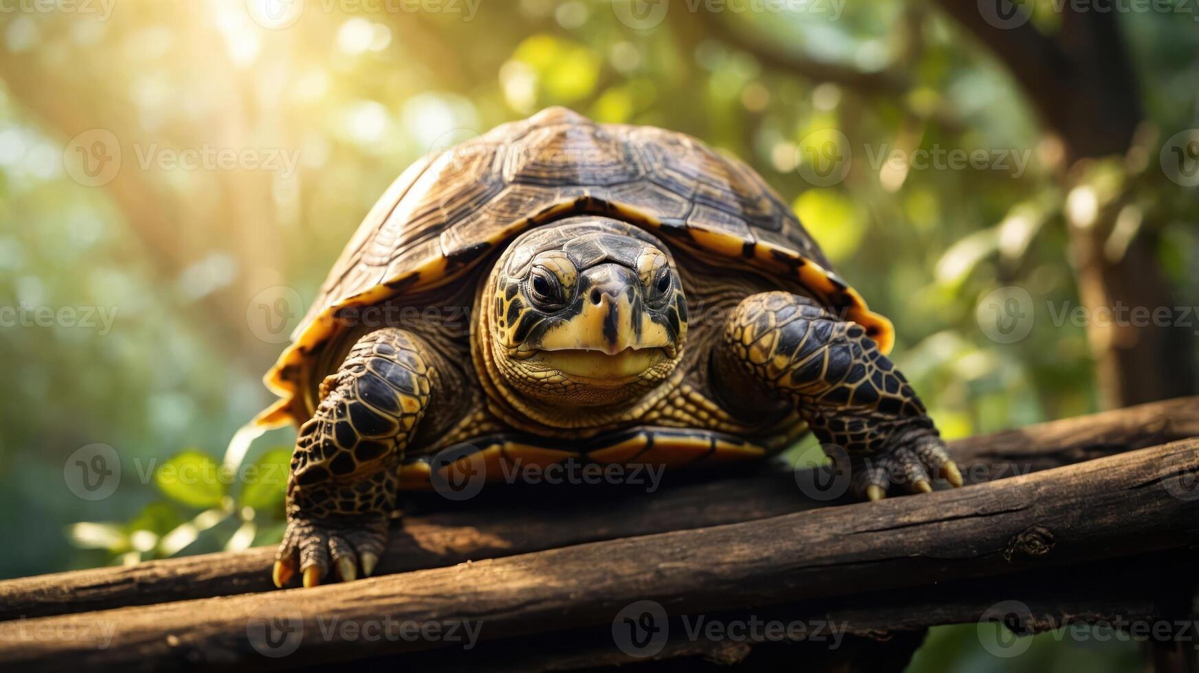 A close-up of a turtle on a log in a sunlit forest setting. photo