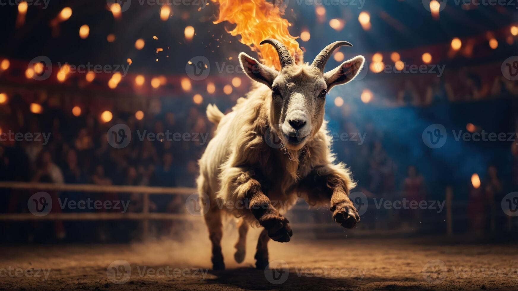 A goat leaps in a circus ring with flames above its head, captivating an audience. photo