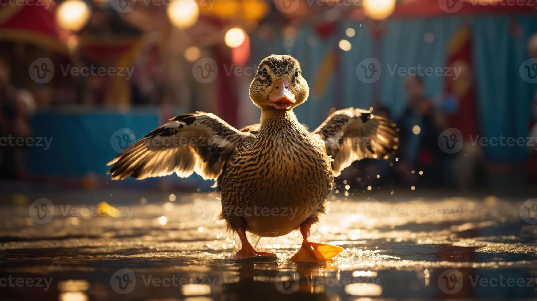 A duck splashes water while standing in a vibrant, festive outdoor setting. photo
