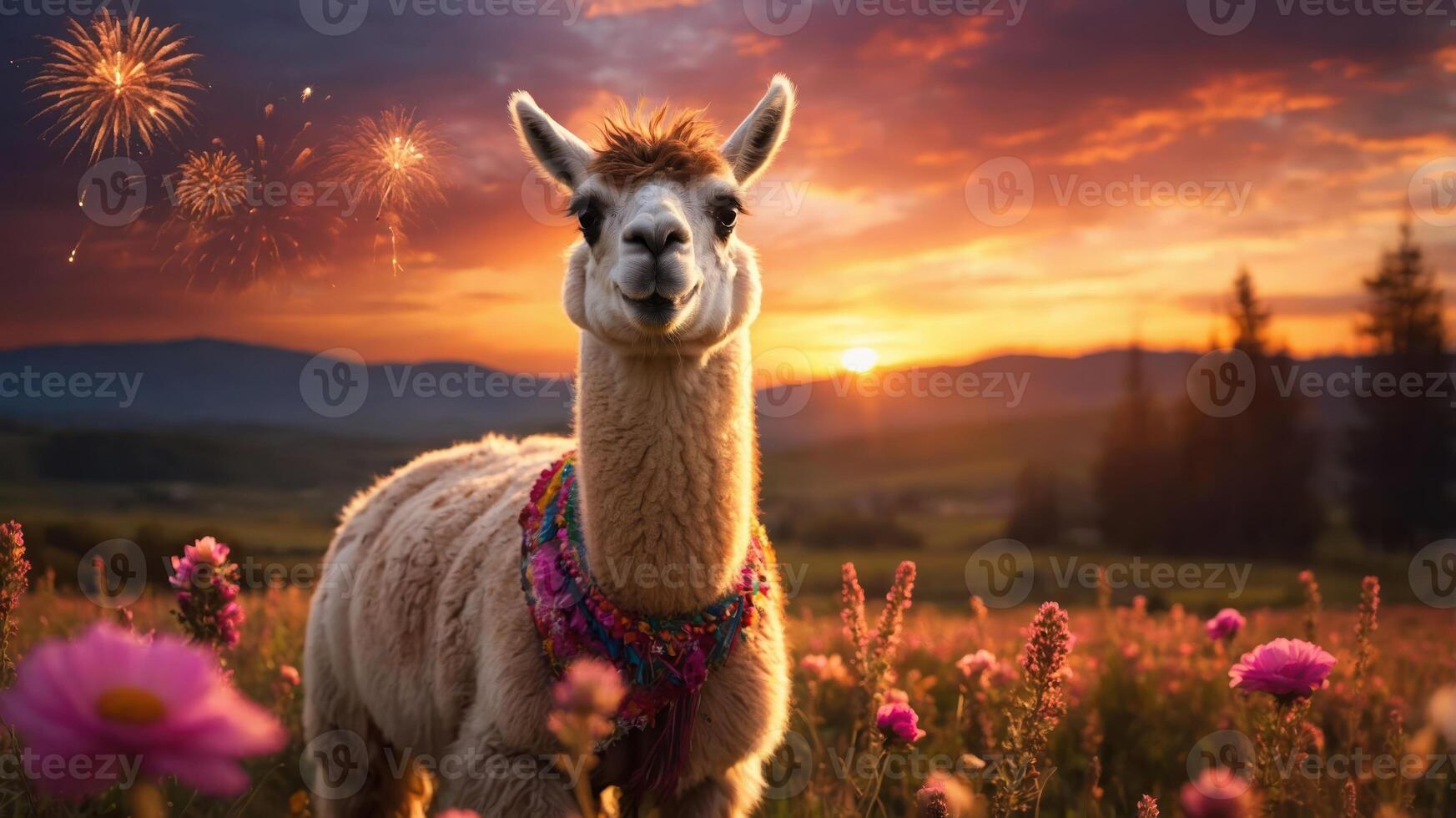 A llama adorned with a colorful necklace stands in a flower-filled field at sunset with fireworks. photo