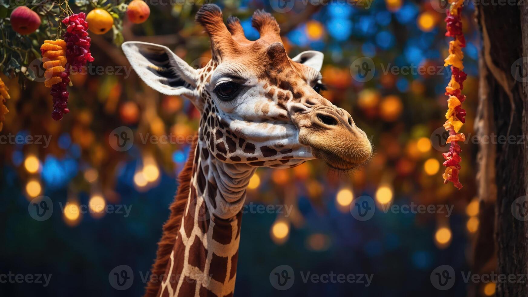 A close-up of a giraffe surrounded by colorful fruits and lights in a vibrant setting. photo