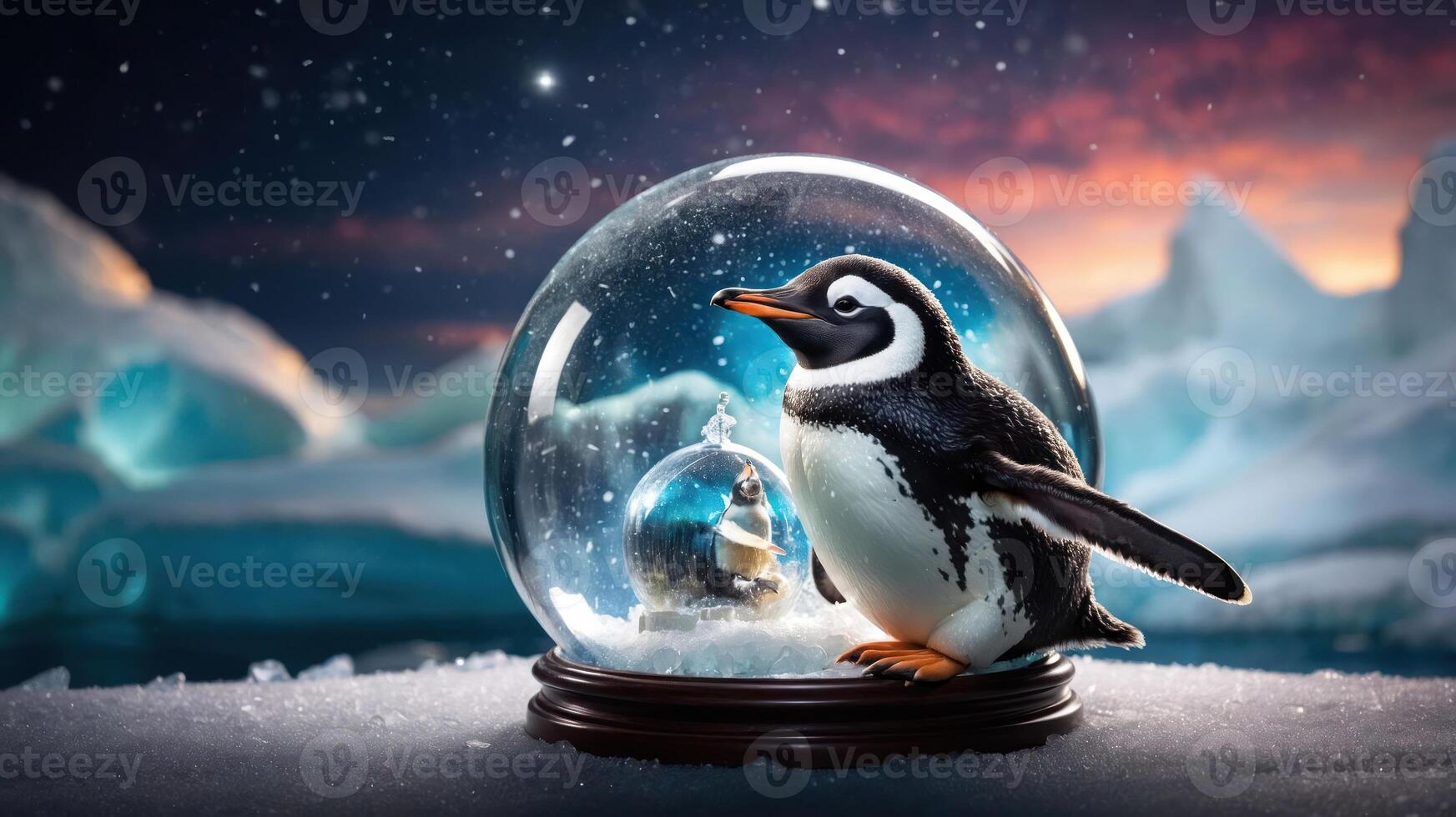A penguin stands beside a snow globe depicting a snowy landscape, under a starry sky. photo