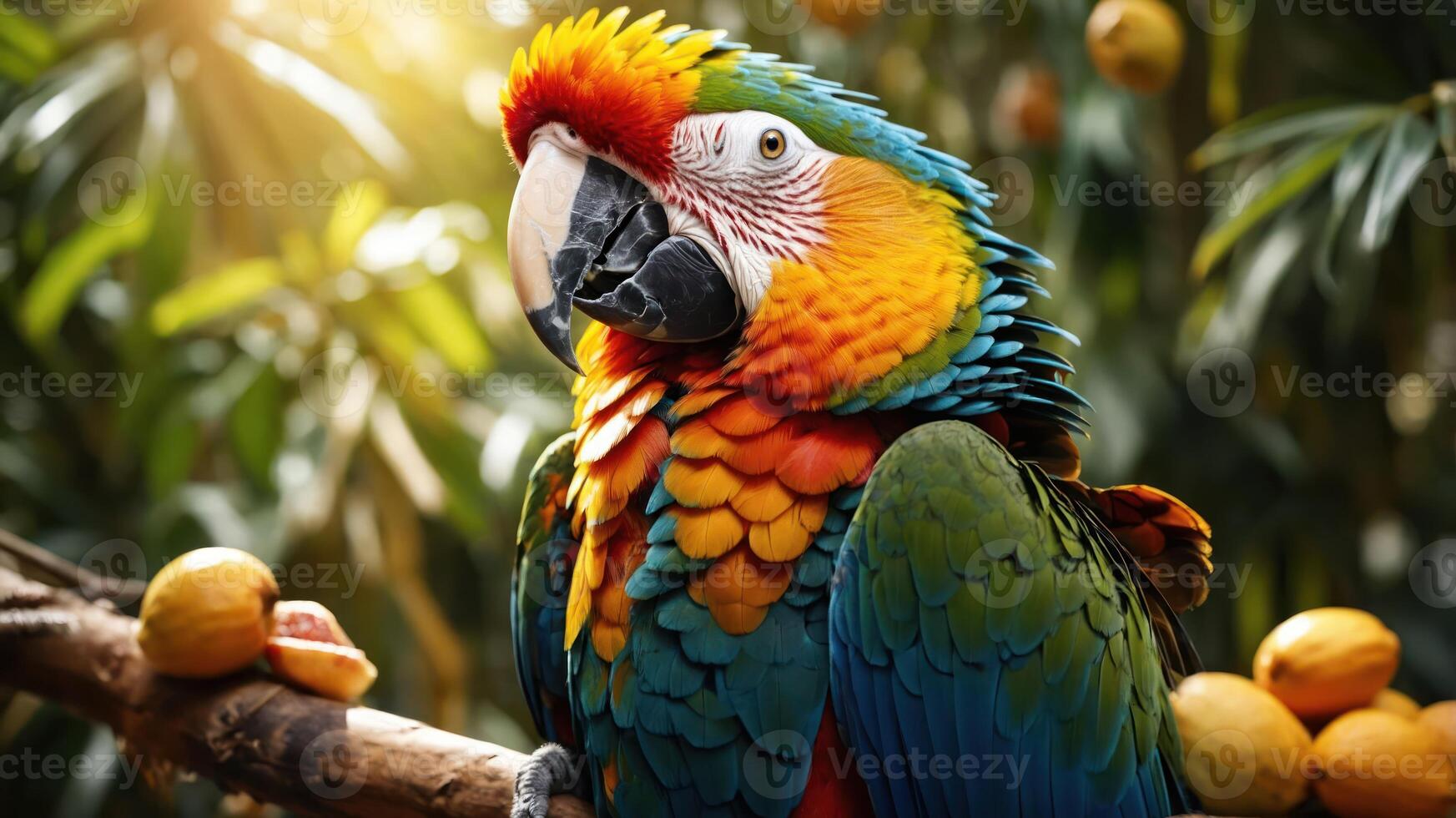 A vibrant parrot perched on a branch amidst lush greenery and fruits. photo