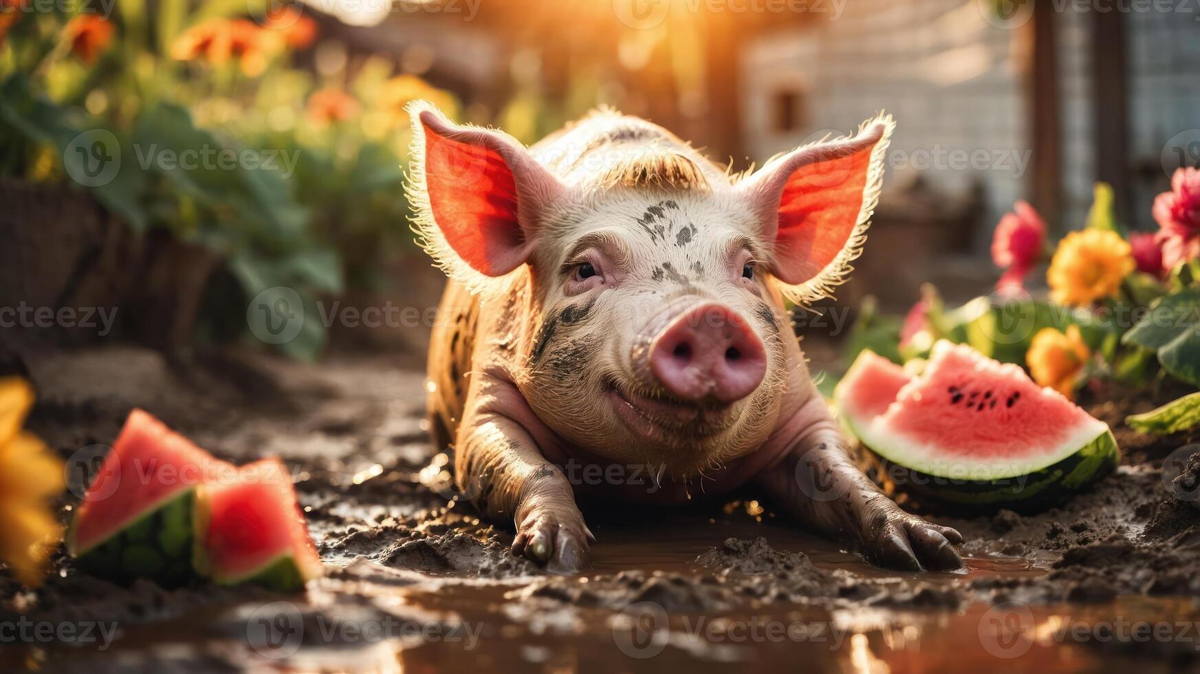 A playful pig lounging in mud with watermelon slices and flowers around it. photo