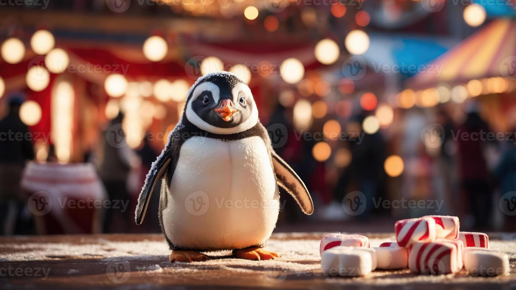 A cheerful penguin stands amidst a festive market scene with candy canes nearby. photo