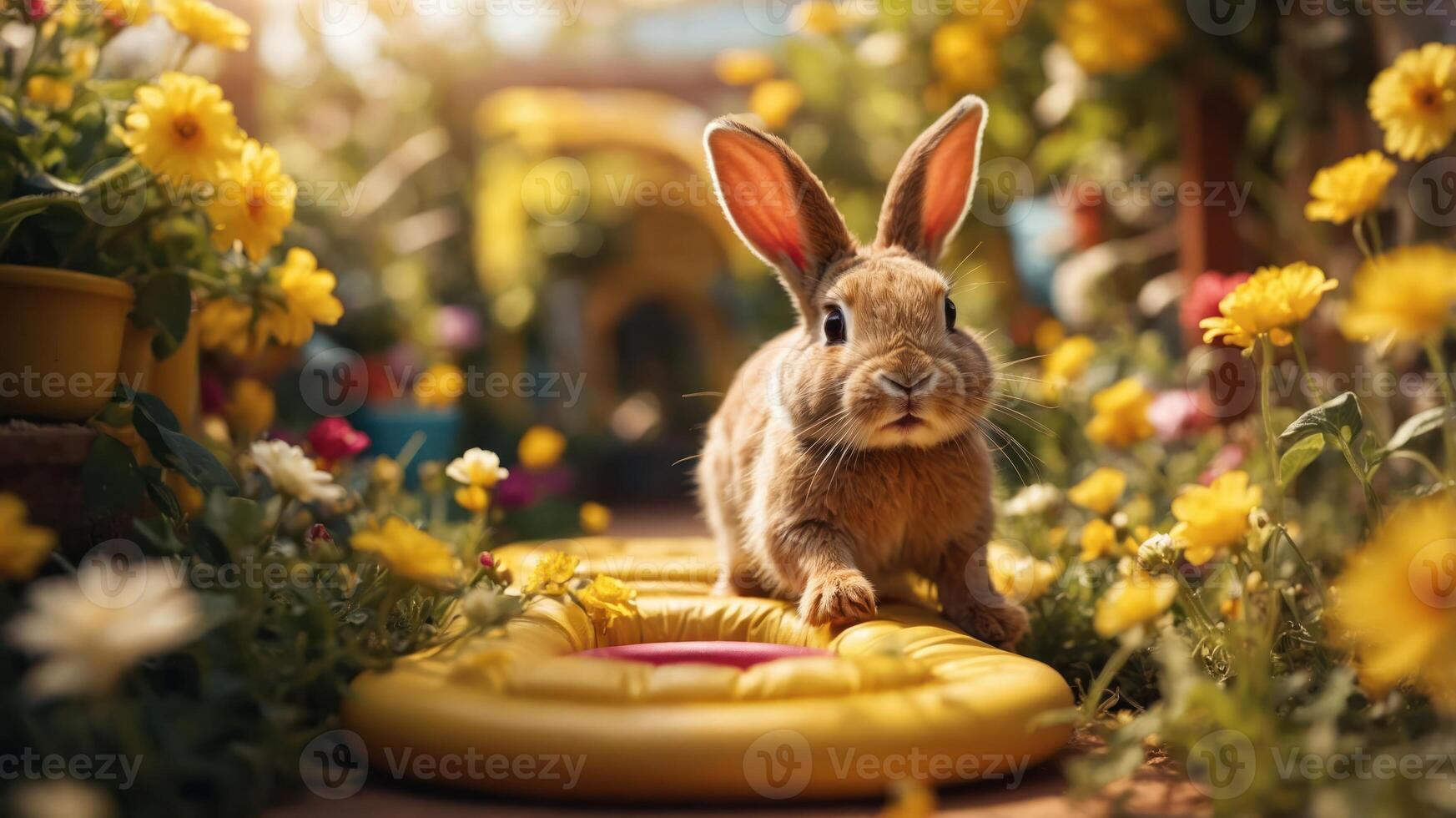 A cute rabbit exploring a vibrant garden filled with colorful flowers. photo