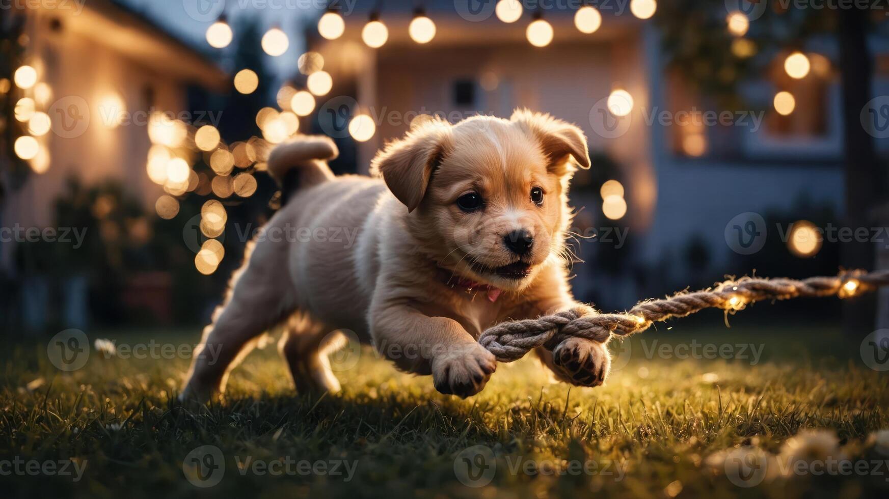 A playful puppy runs on grass, tugging a rope amidst glowing outdoor lights. photo