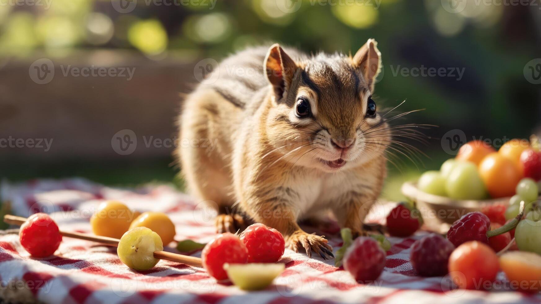 A chipmunk surrounded by colorful fruits on a picnic blanket. photo
