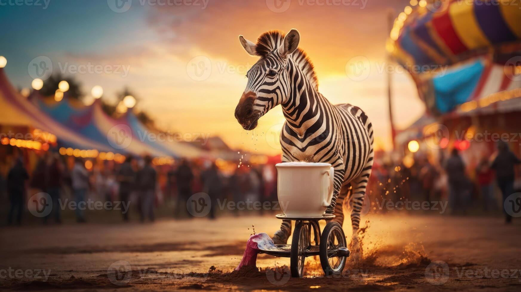 A zebra pulls a cart at a colorful carnival during sunset. photo