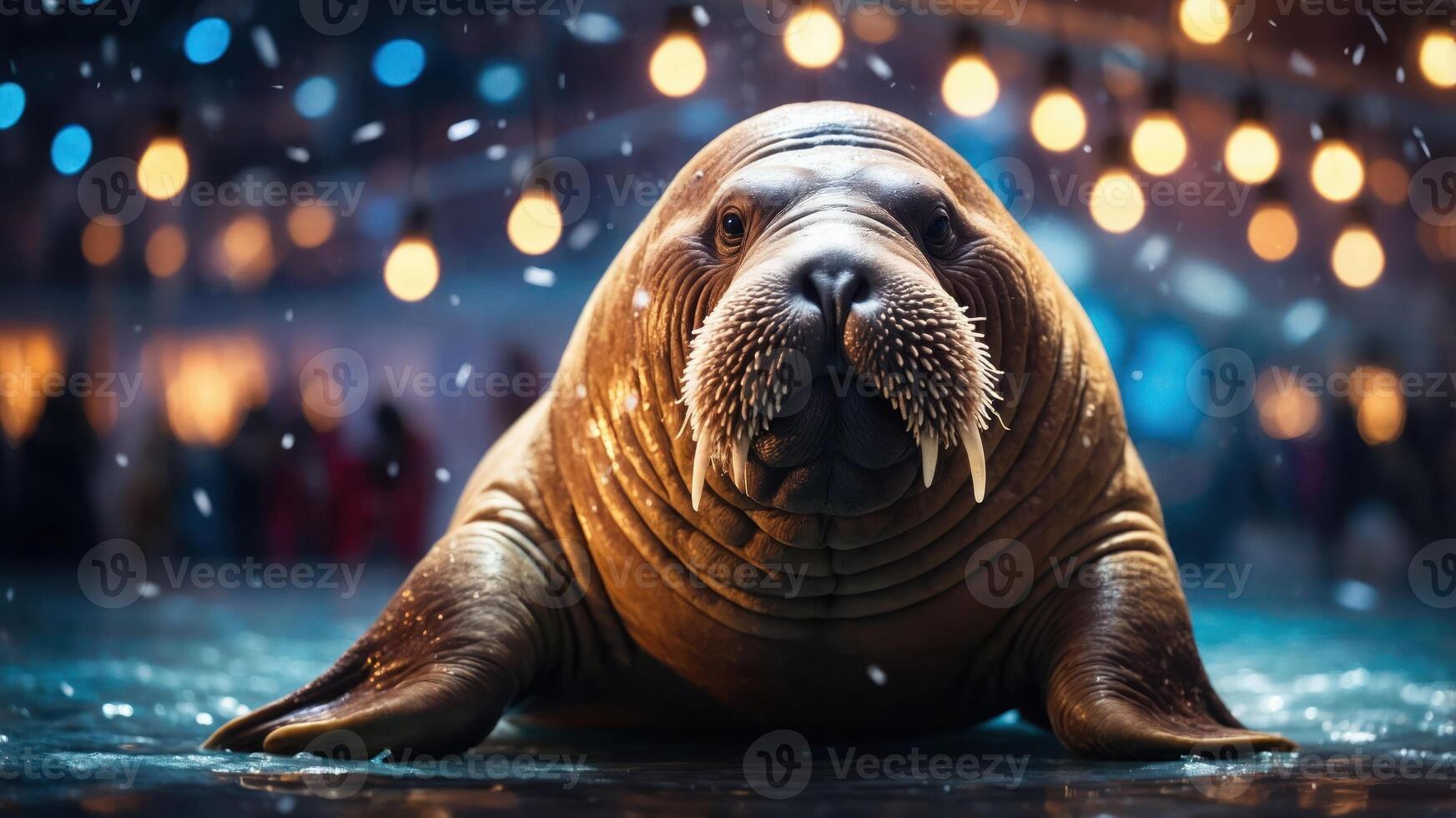A close-up of a walrus resting on a snowy surface with festive lights in the background. photo