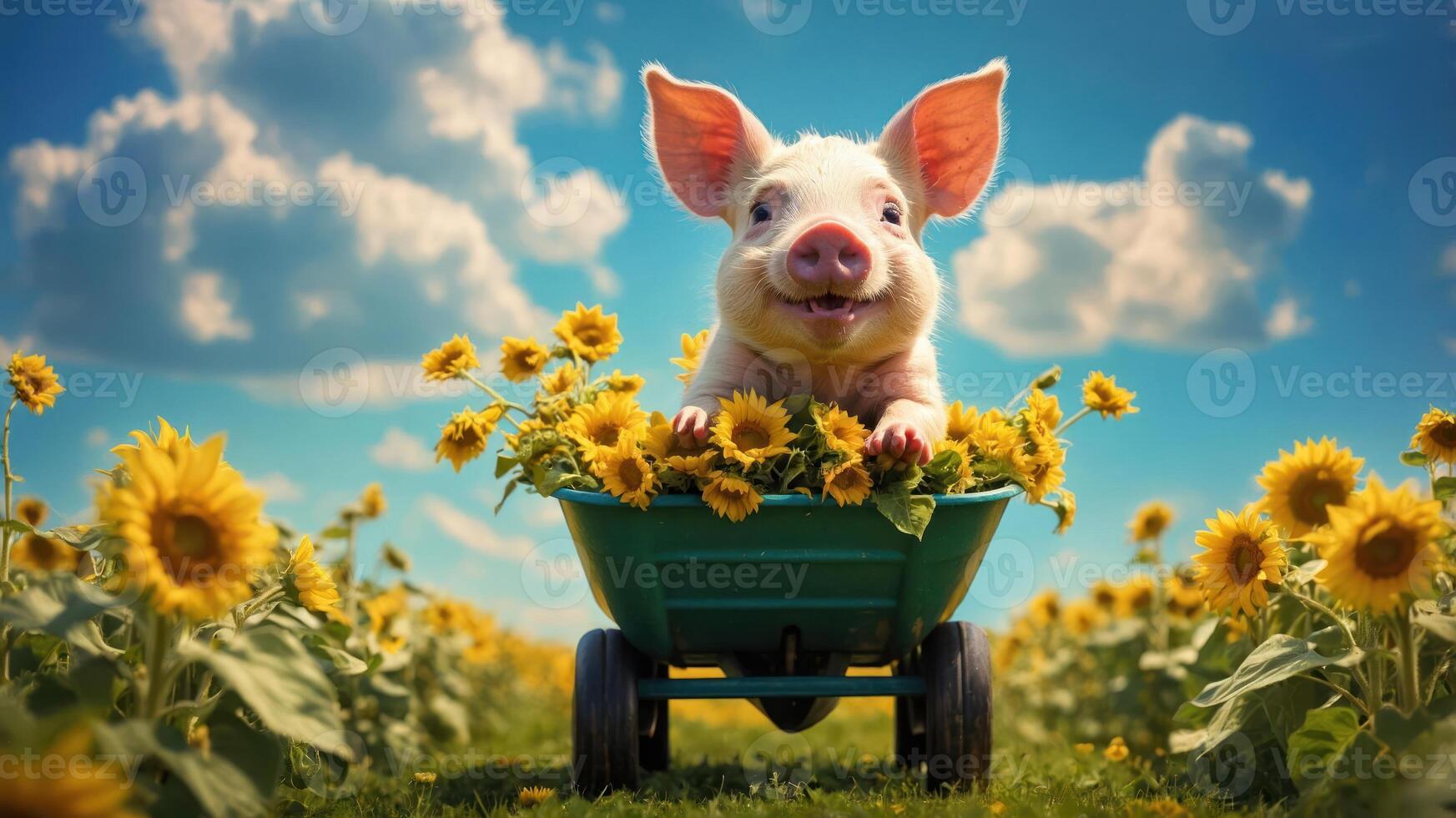 A cheerful piglet in a wheelbarrow surrounded by sunflowers under a bright sky. photo