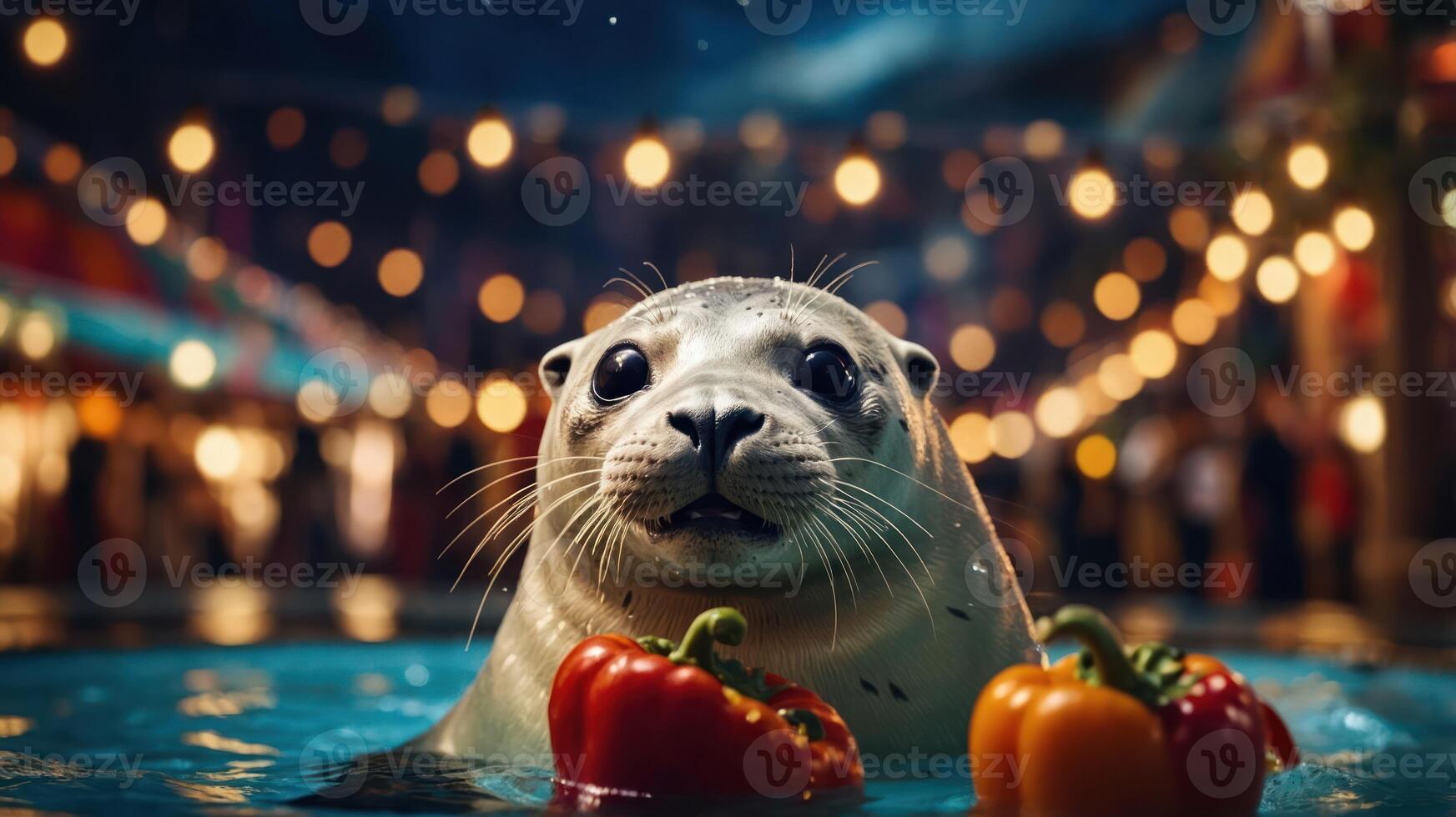 A seal in a pool holds colorful peppers, set against a festive background with lights. photo