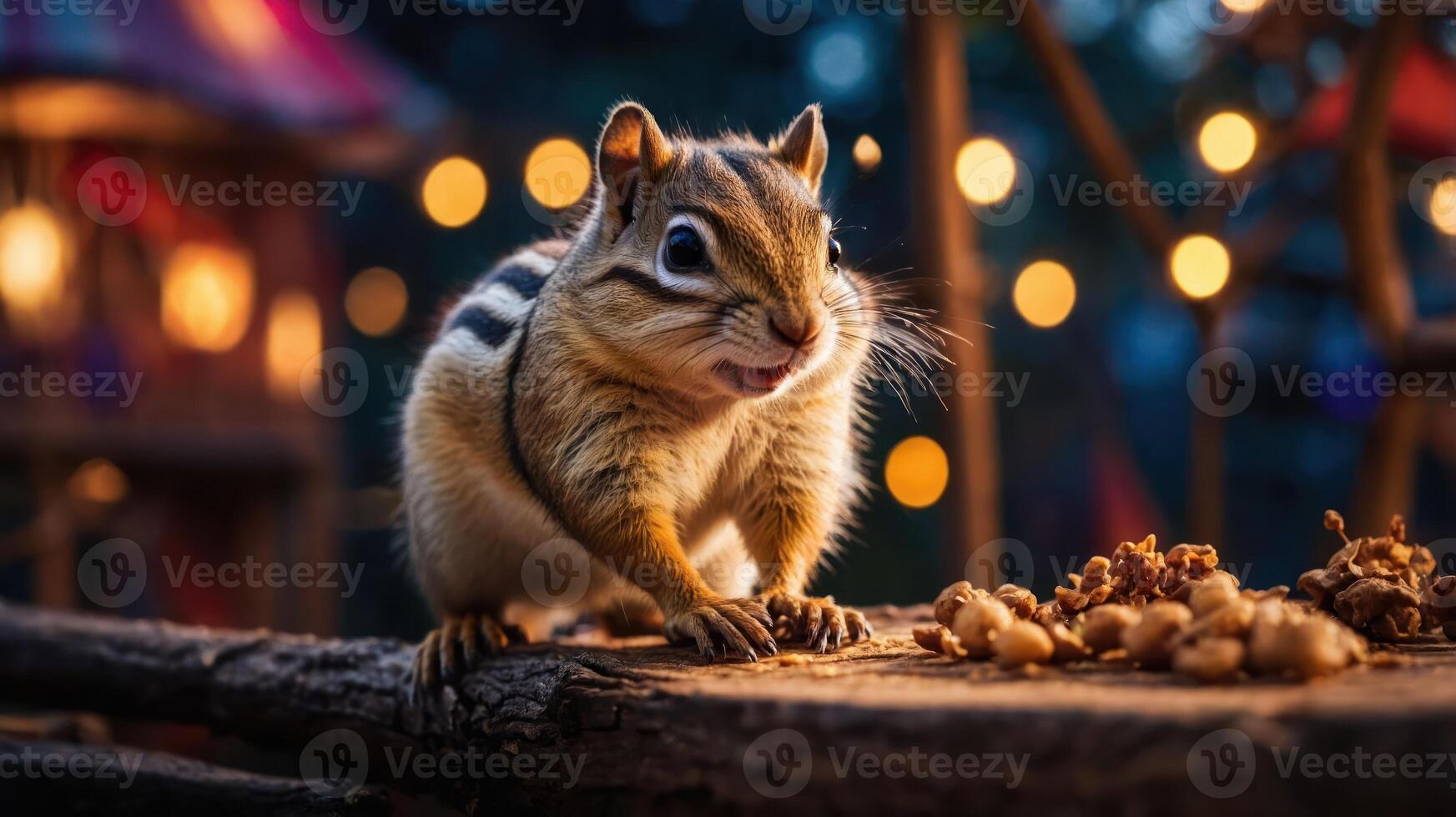 A chipmunk forages on a log amidst a festive, illuminated background. photo