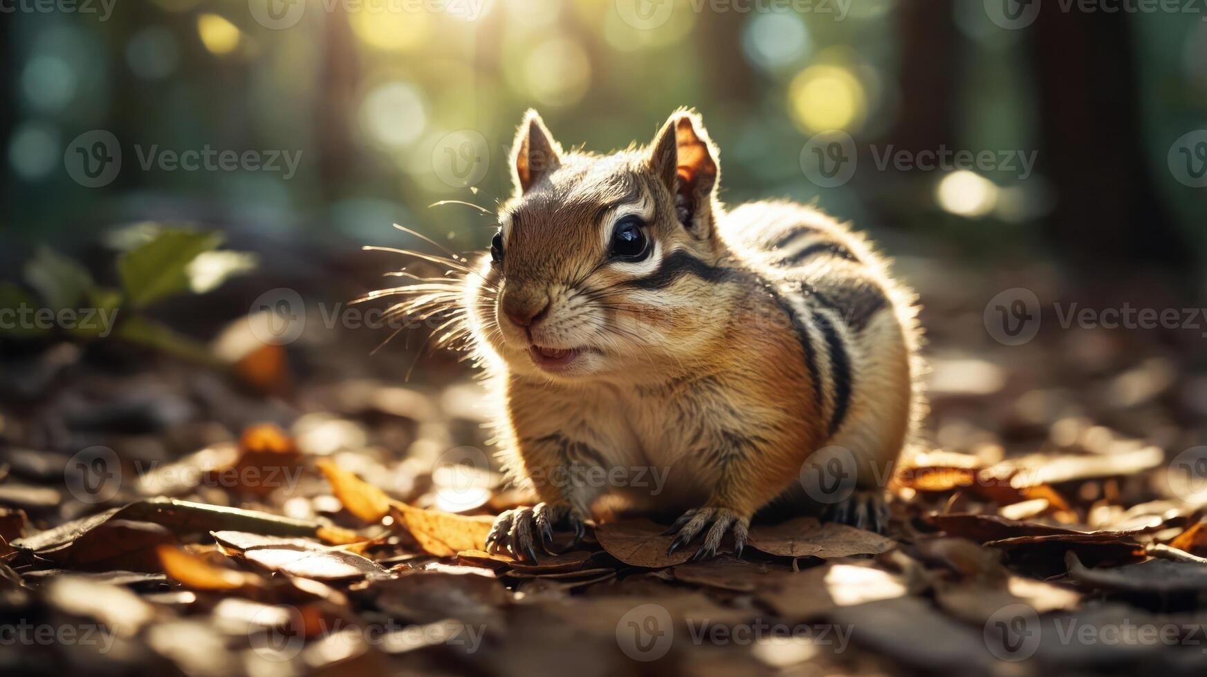 A close-up of a chipmunk on a forest floor, surrounded by autumn leaves and soft sunlight. photo