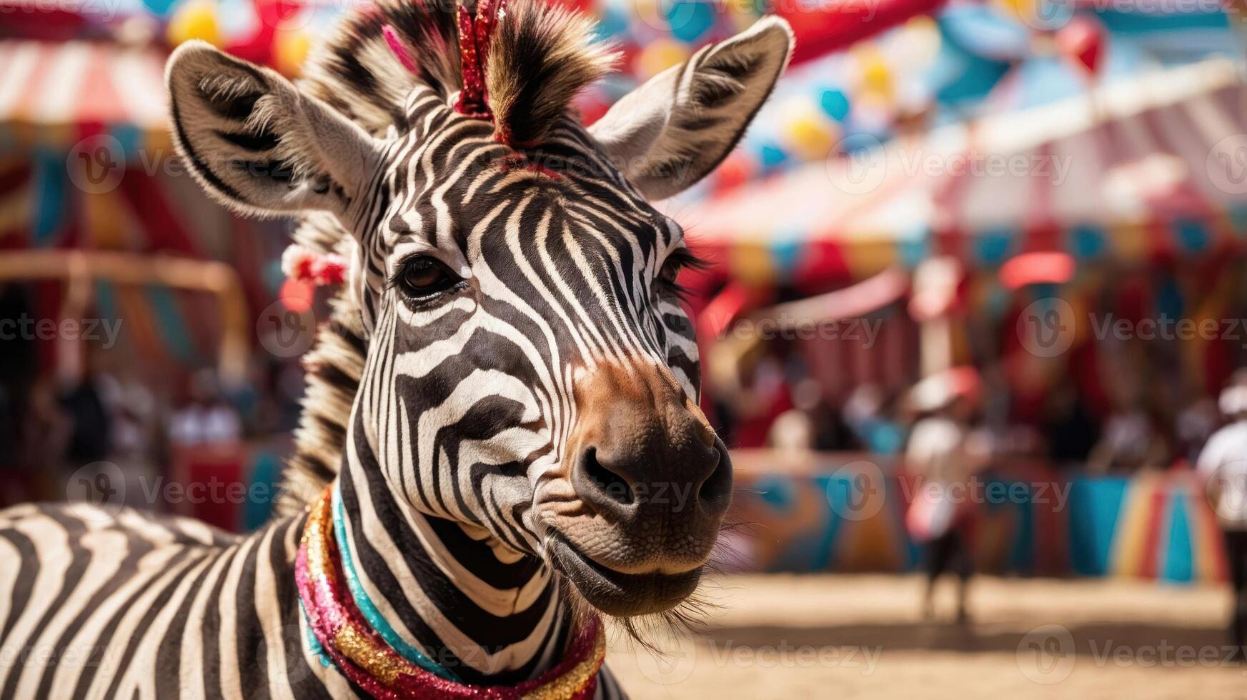 A zebra adorned with colorful accessories in a vibrant circus setting. photo