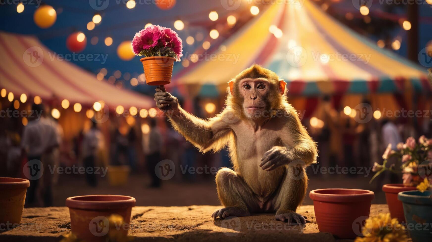 A monkey holding a flower pot in a festive setting with colorful lights and decorations. photo