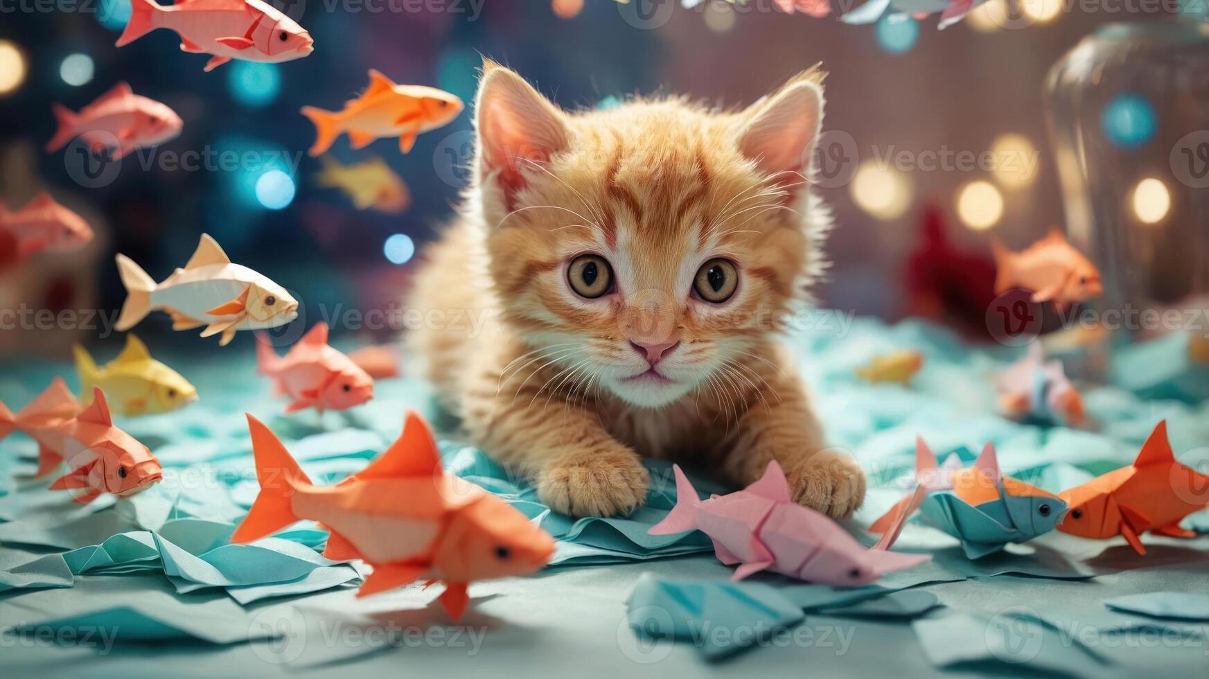 A playful kitten surrounded by colorful origami fish in a whimsical setting. photo