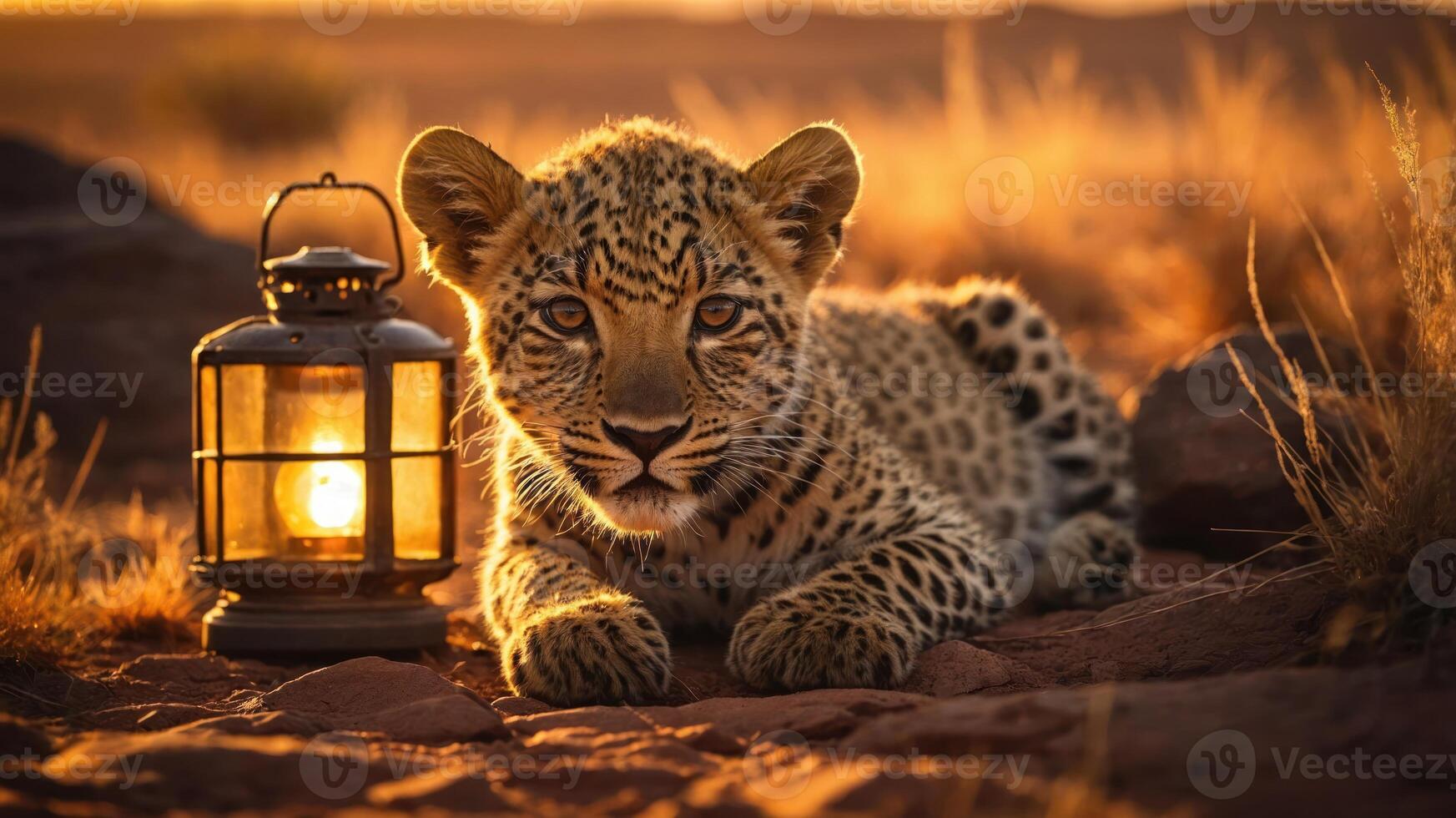 A young leopard resting beside a lantern in a golden-lit natural landscape. photo