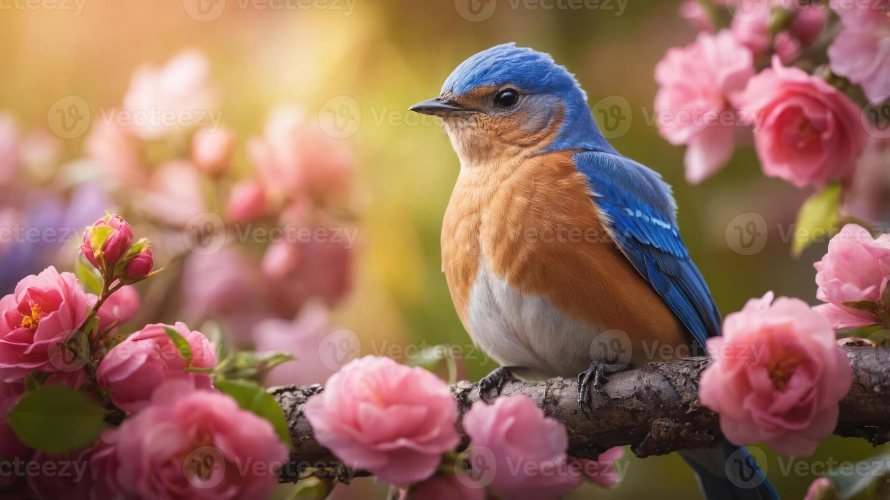 A vibrant bluebird perched on a branch adorned with pink blossoms. photo