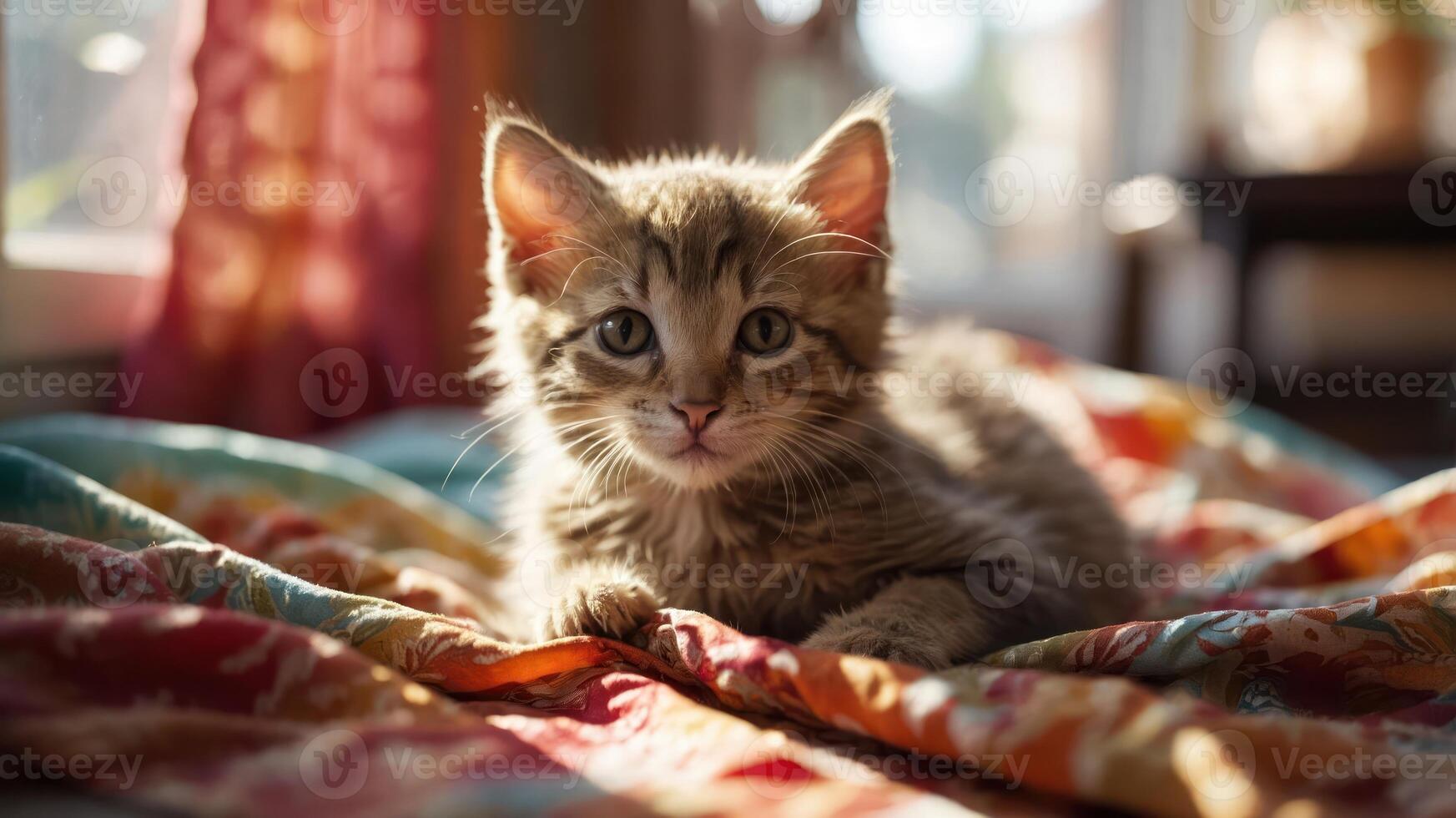A cute kitten lounging on a colorful quilt in soft sunlight. photo