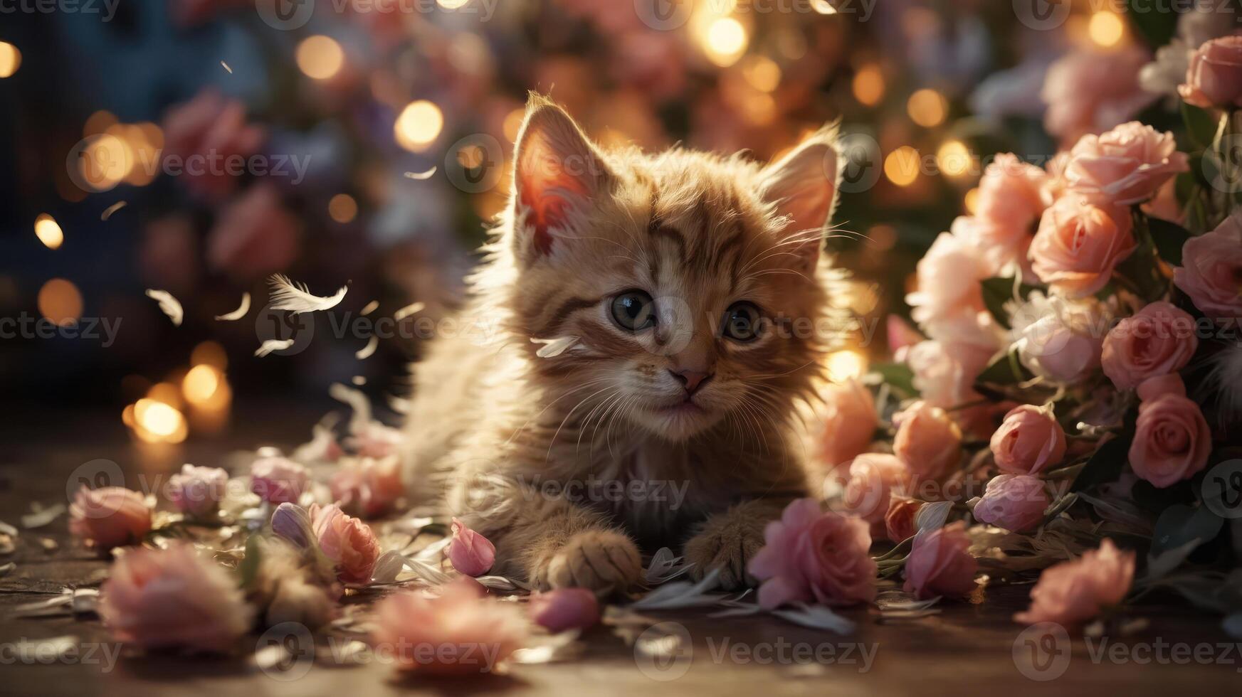 A fluffy kitten surrounded by pink roses and soft lighting, creating a charming atmosphere. photo