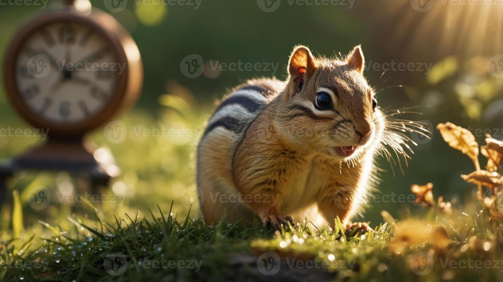 A chipmunk stands in a sunlit field beside an antique clock, capturing a moment in nature. photo