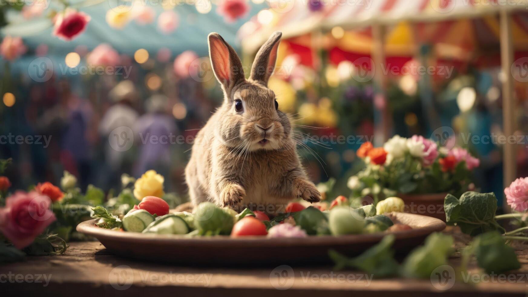A rabbit surrounded by colorful flowers and vegetables in a festive setting. photo