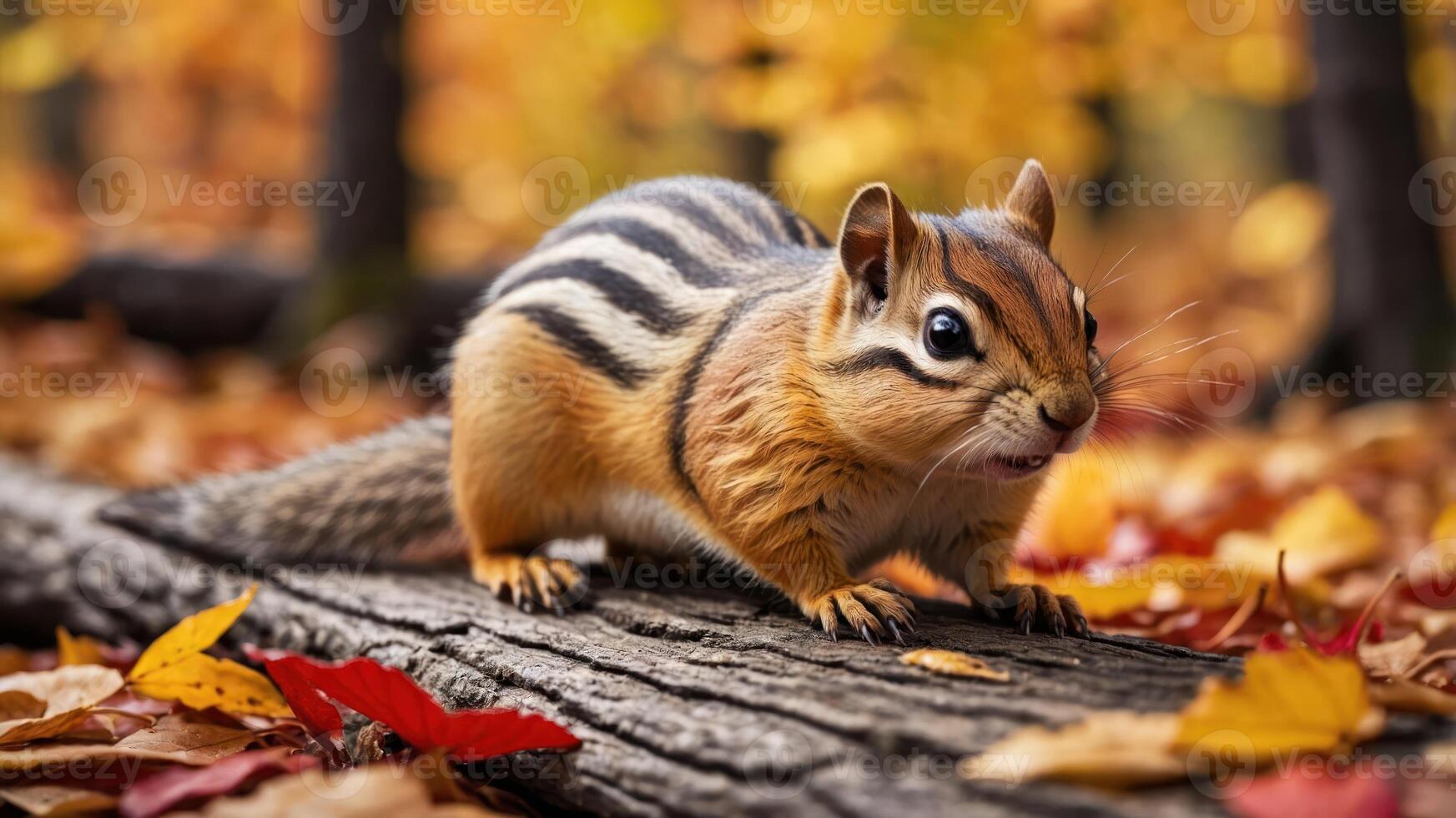 A chipmunk on a log surrounded by colorful autumn leaves. photo