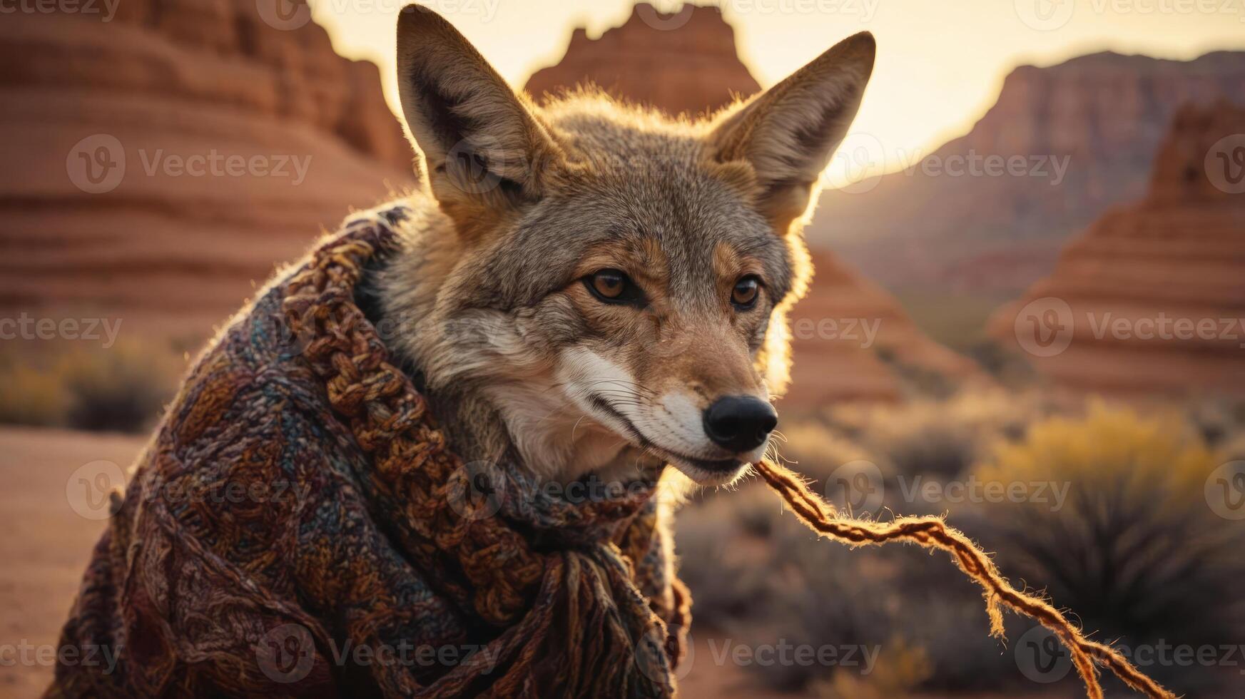A coyote wearing a textured cloak holds a rope in a desert landscape at sunset. photo