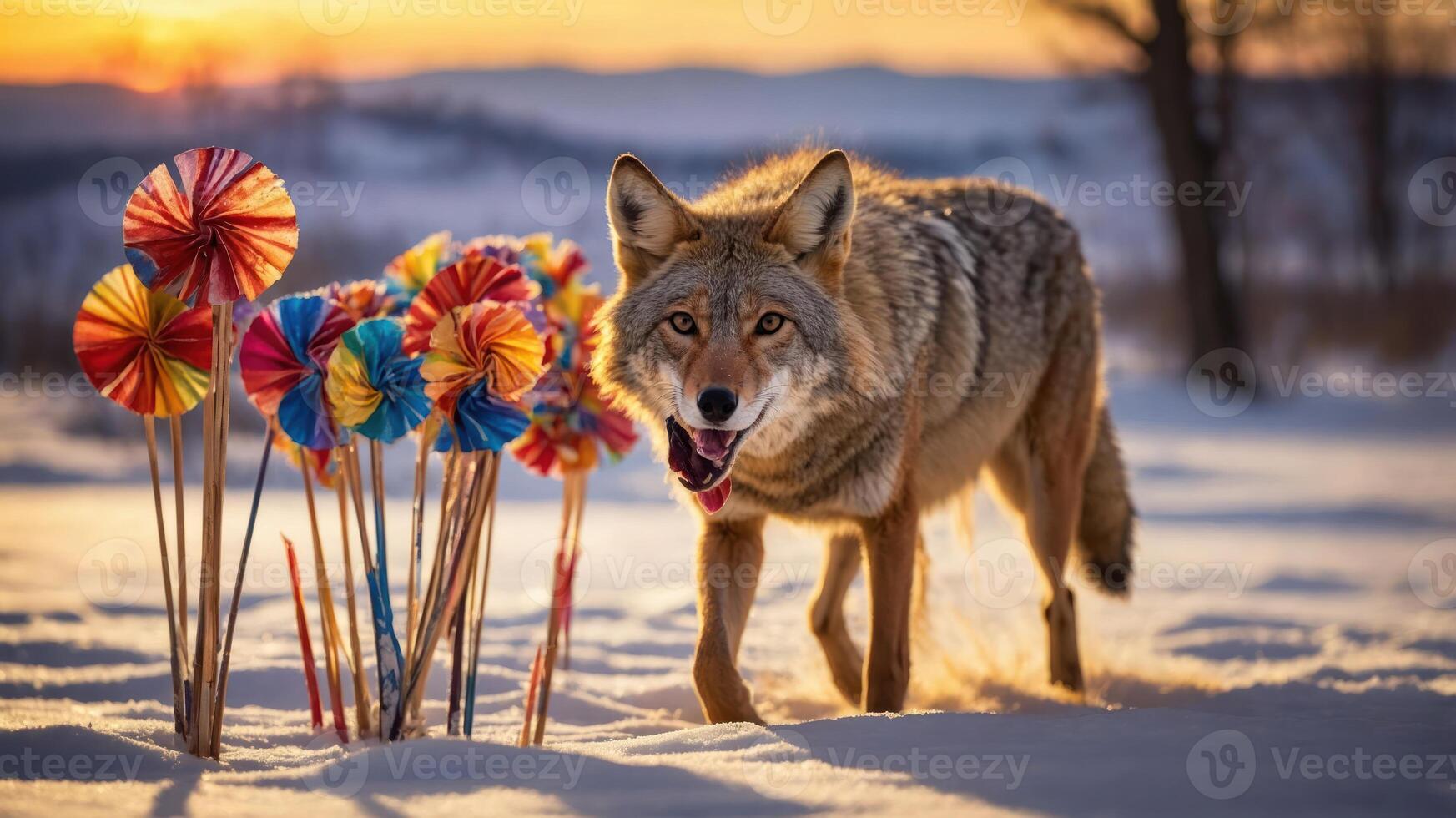 A coyote walking through snow near colorful pinwheels at sunset. photo