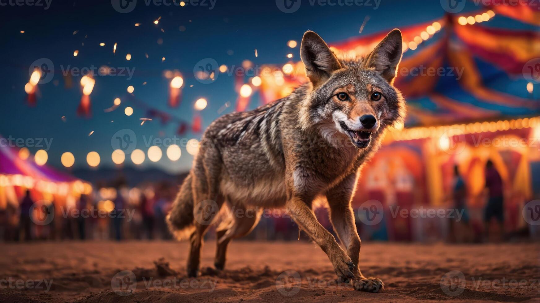 A coyote walks through a vibrant carnival scene at dusk, illuminated by colorful lights. photo