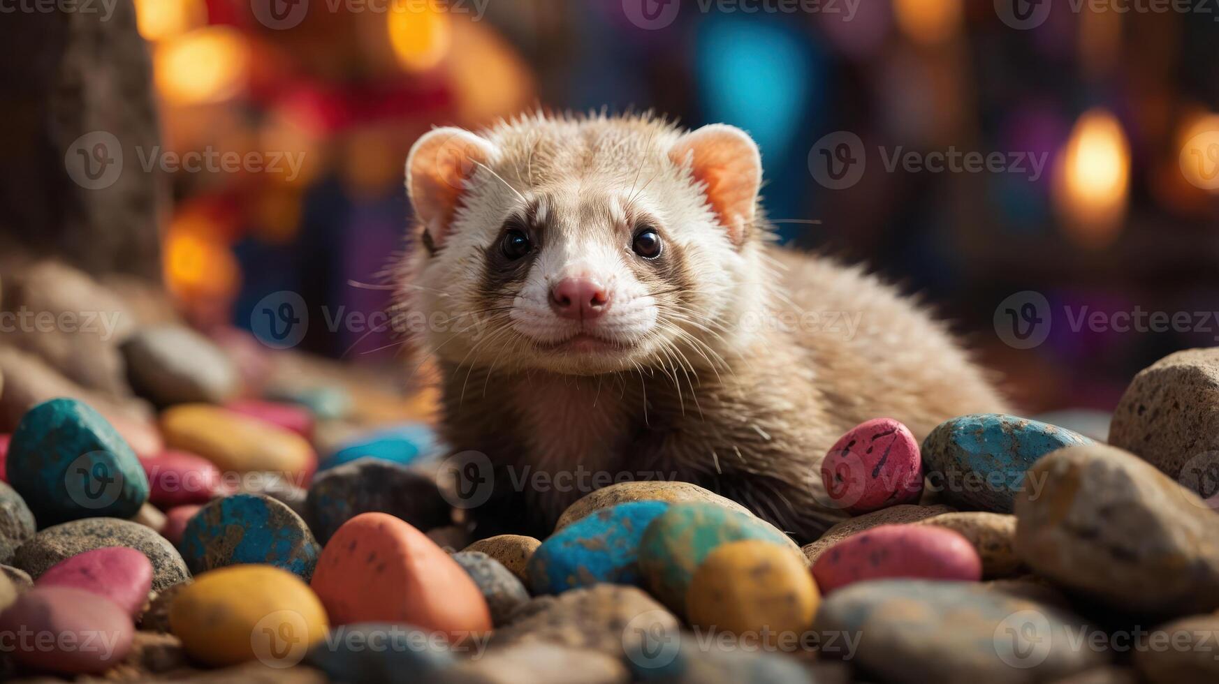 A ferret surrounded by colorful pebbles, creating a playful and vibrant scene. photo