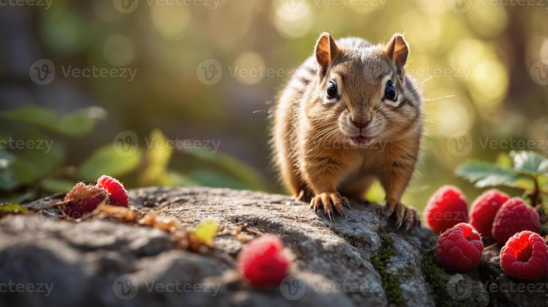 A chipmunk on a rock surrounded by fresh raspberries in a natural setting. photo