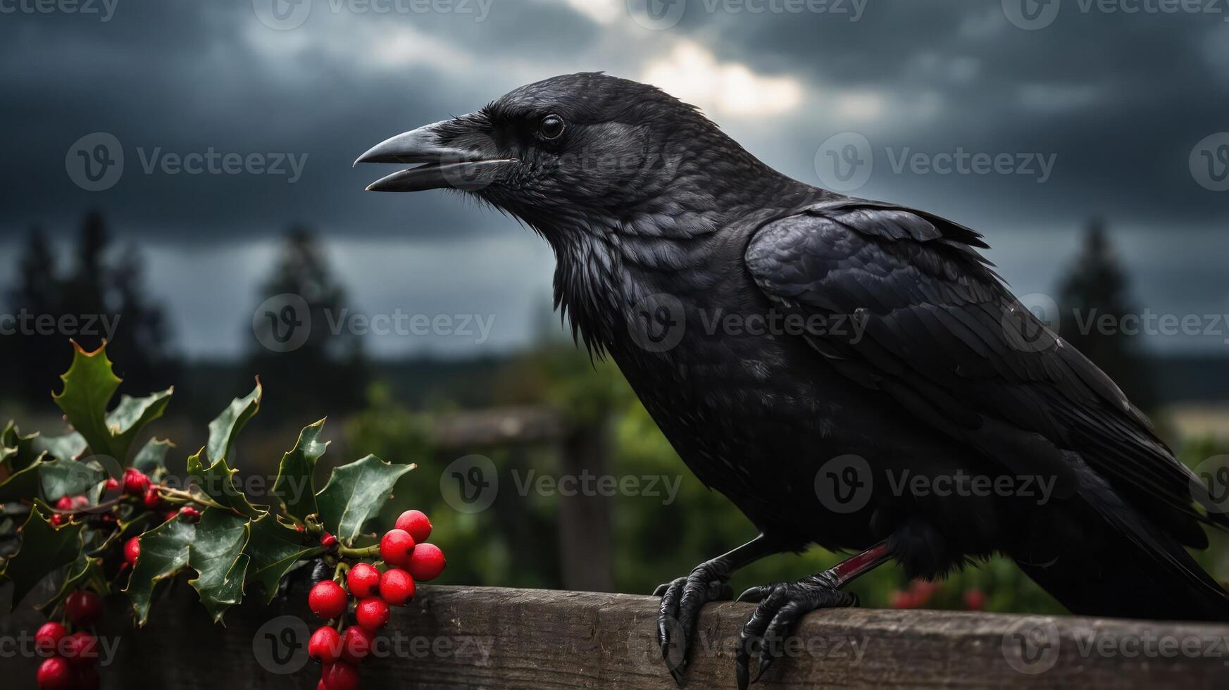 A raven perched on a wooden railing with holly berries against a moody sky. photo