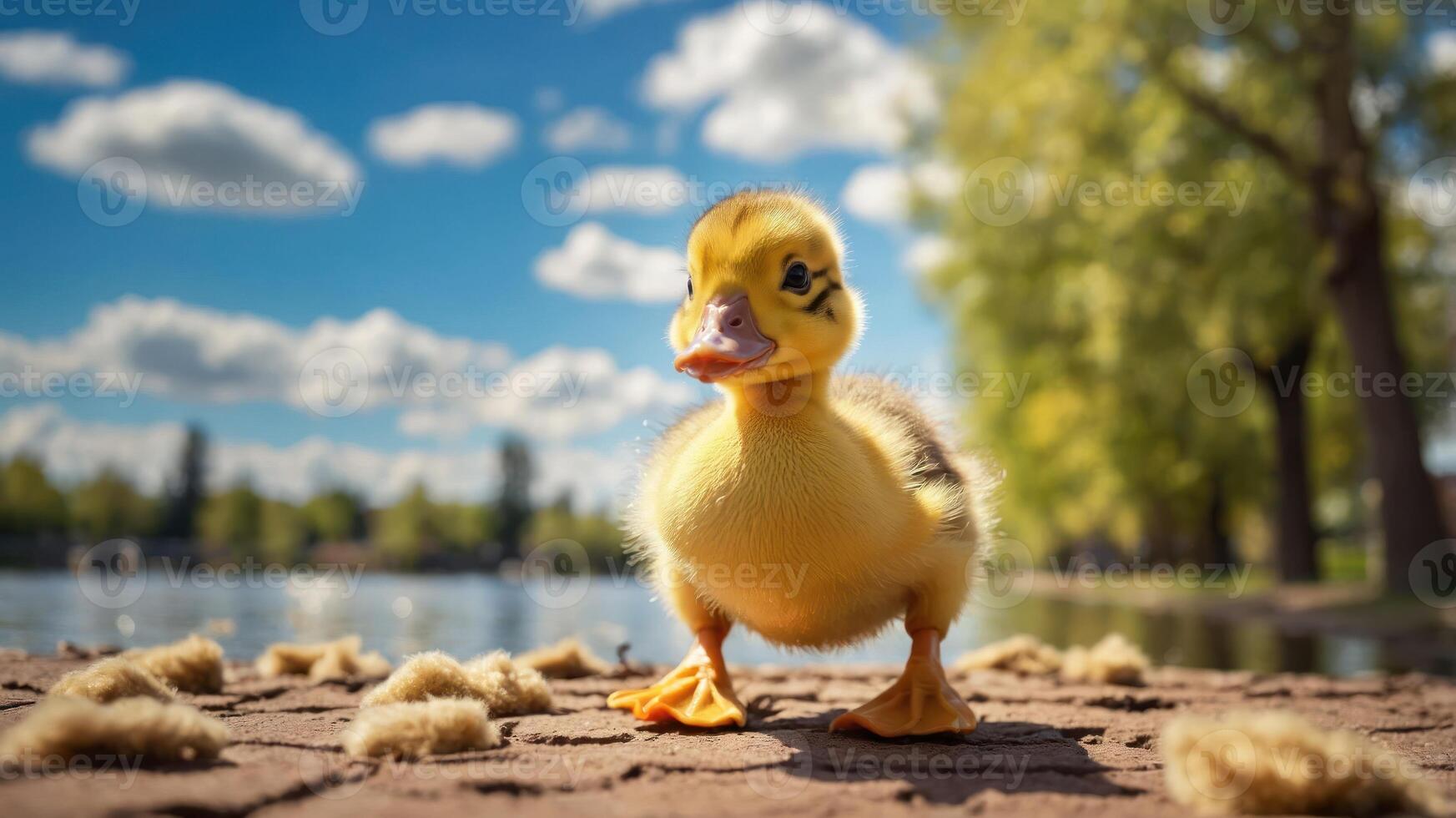 A cute duckling stands on a wooden surface by a tranquil lake under a blue sky. photo