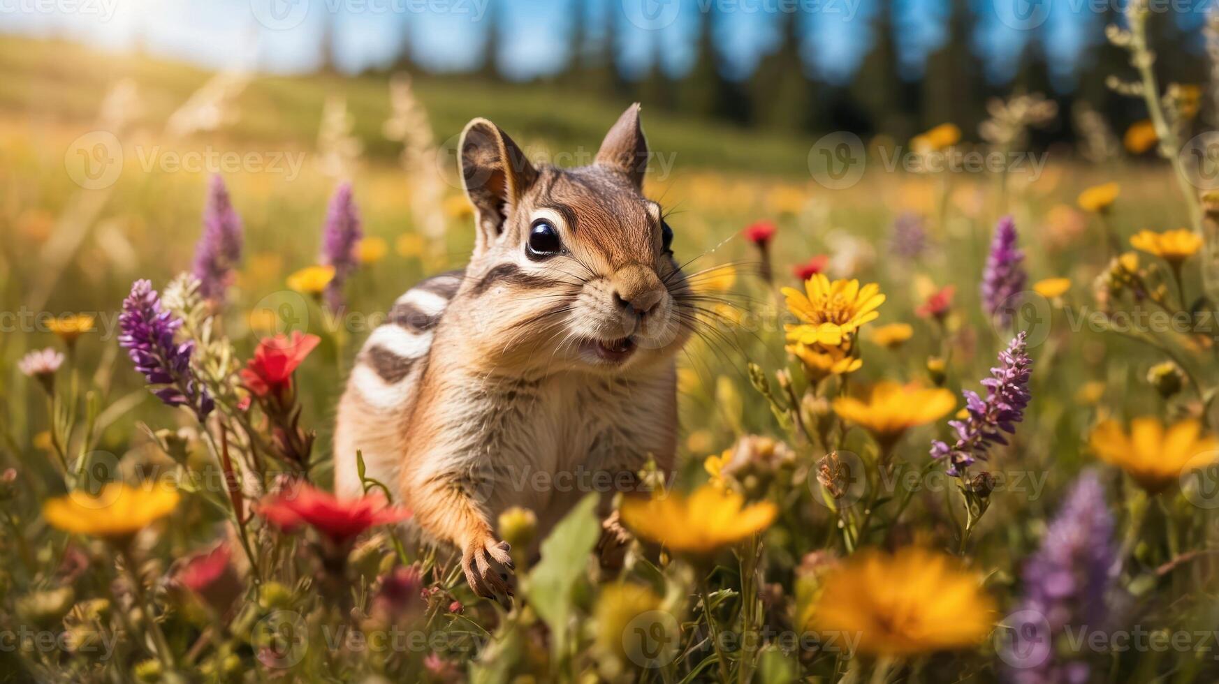A chipmunk among vibrant wildflowers in a sunny meadow. photo