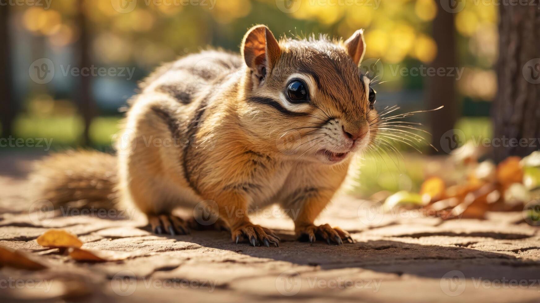 A close-up of a chipmunk in a park during autumn, surrounded by fallen leaves. photo