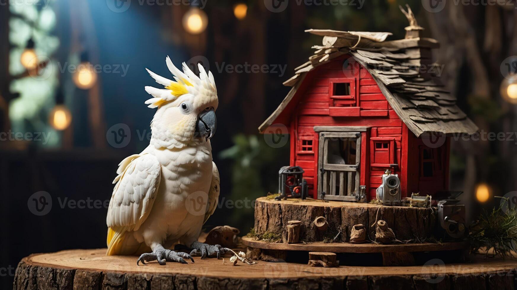 A cockatoo stands beside a whimsical red birdhouse on a wooden stump in a cozy setting. photo