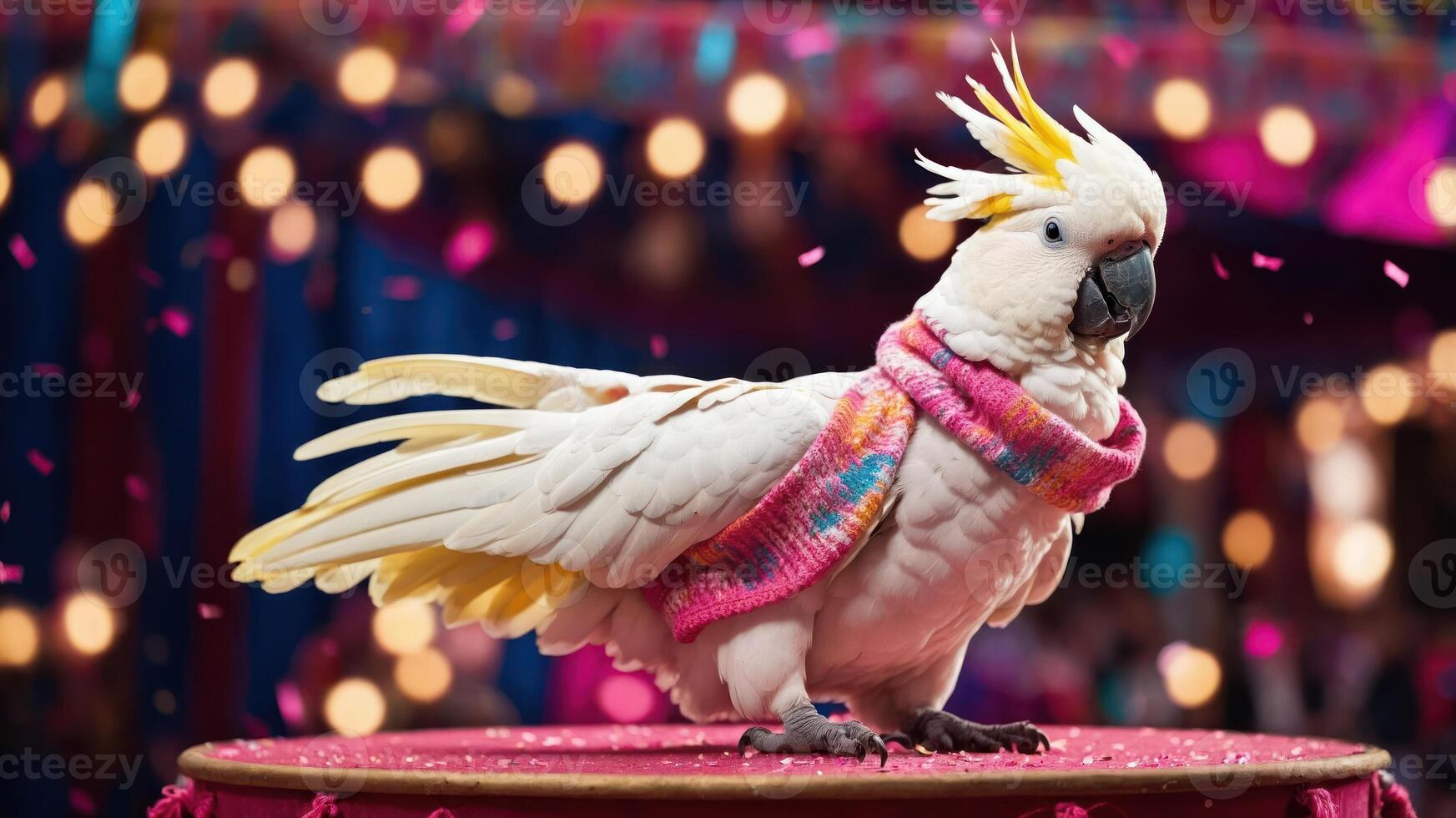 A cockatoo wearing a colorful scarf, posed on a pedestal with festive decorations. photo
