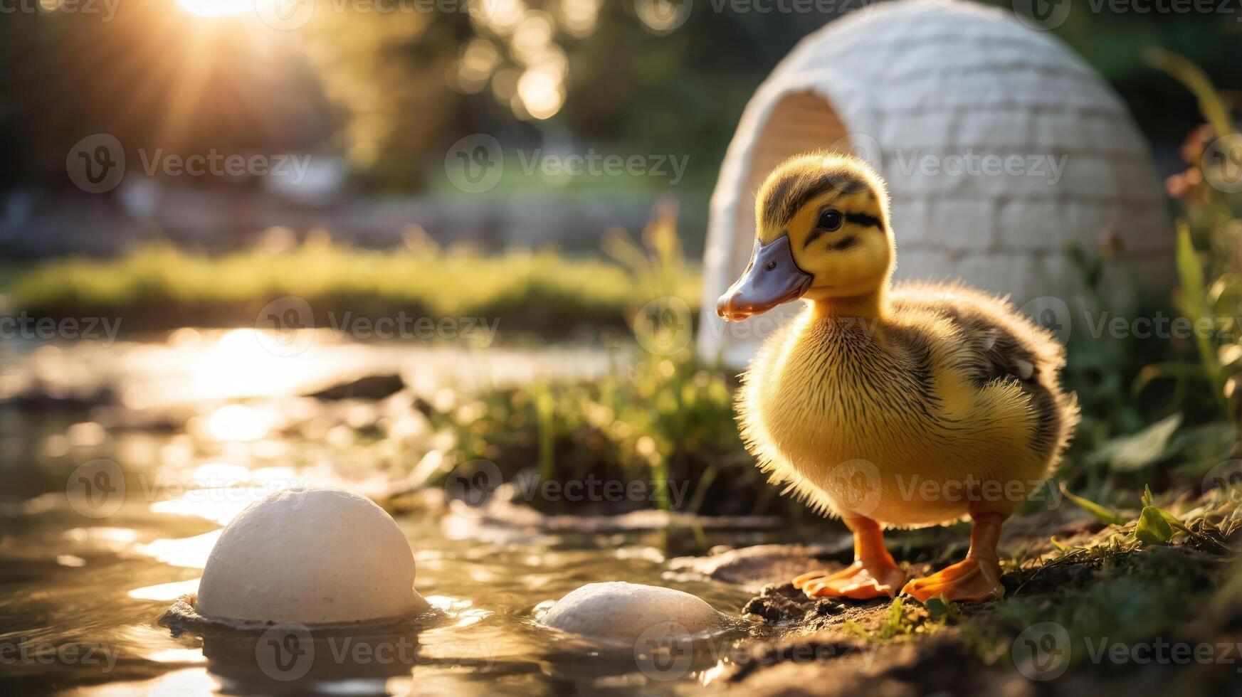 A cute duckling stands by a pond, with a cozy igloo in the background during sunset. photo