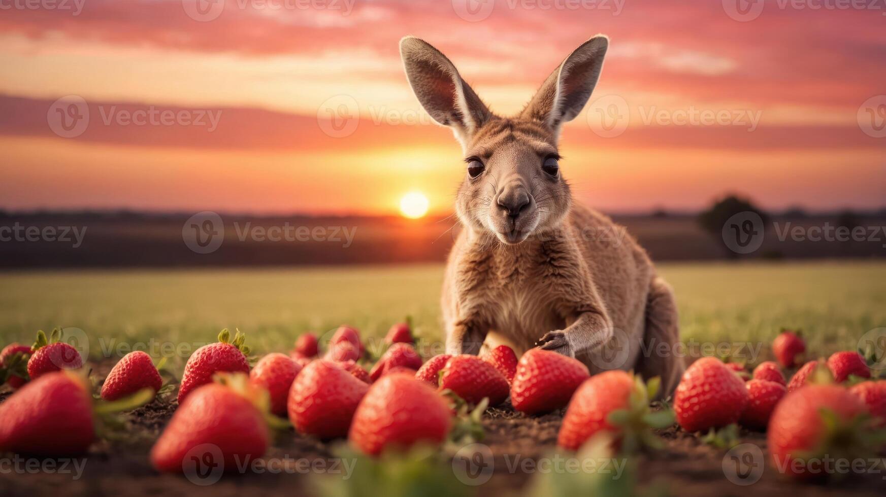 A kangaroo sits among strawberries at sunset, showcasing a serene rural scene. photo