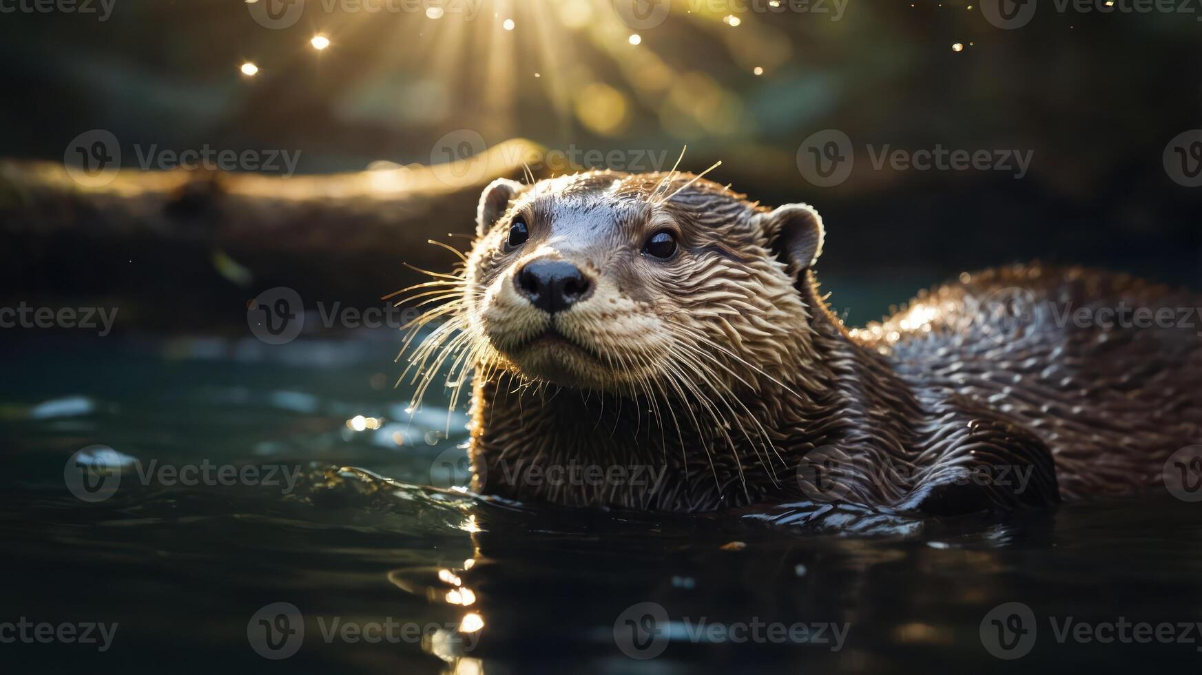 A close-up of an otter swimming in a serene environment with sunlight filtering through. photo