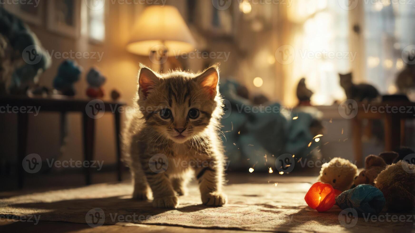 A playful kitten explores a cozy room filled with toys and soft lighting. photo