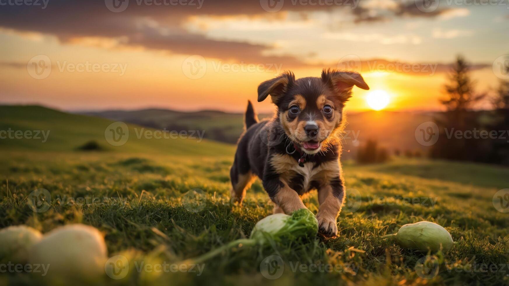 A playful puppy running through a grassy field during sunset. photo