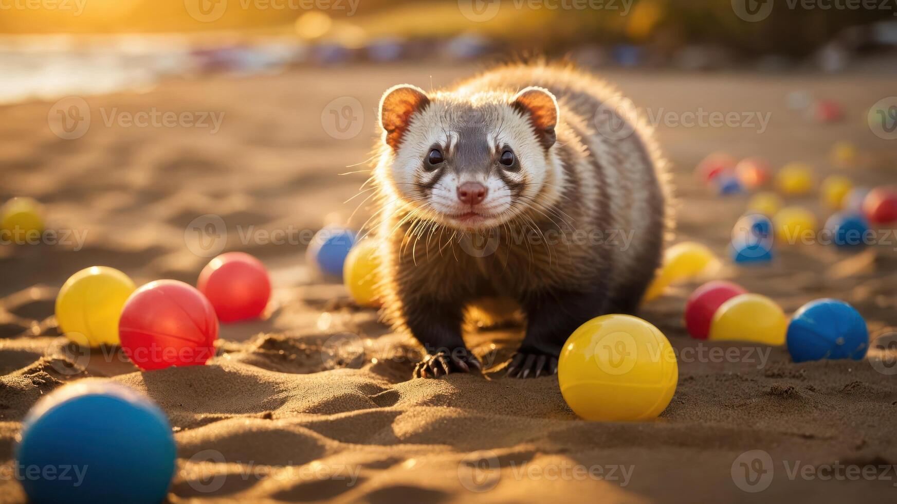 A ferret on a sandy beach surrounded by colorful balls during sunset. photo