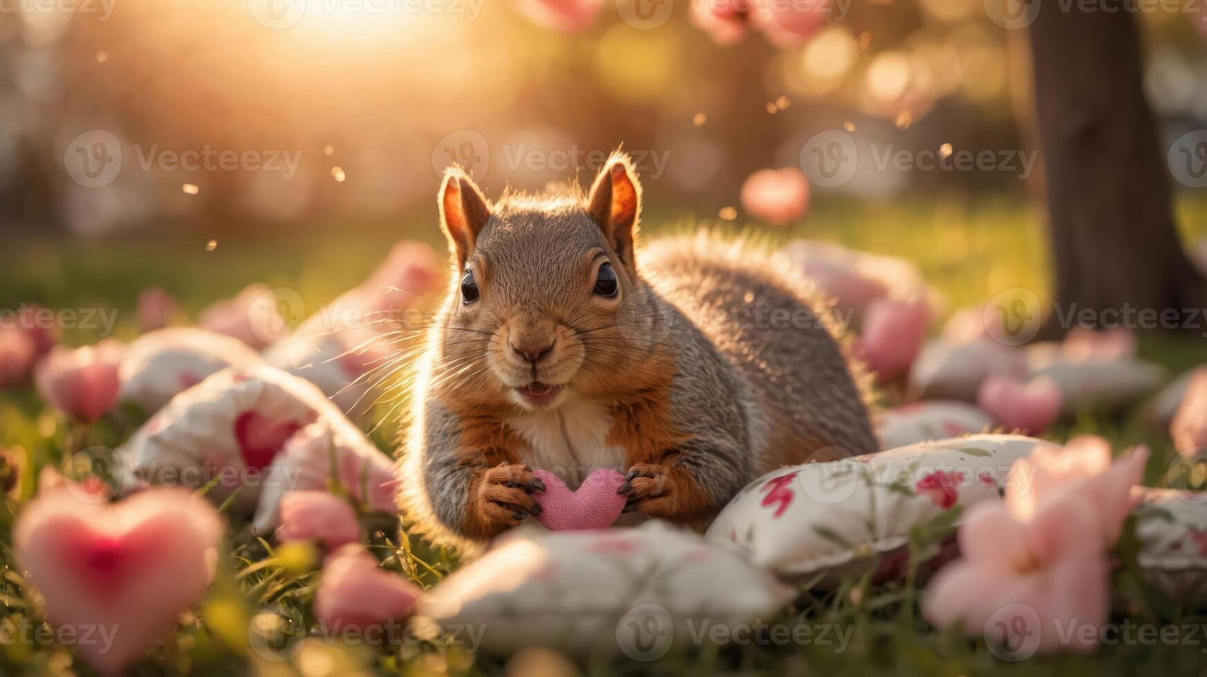 A playful squirrel holds a pink heart amidst flower petals in a serene, sunlit setting. photo